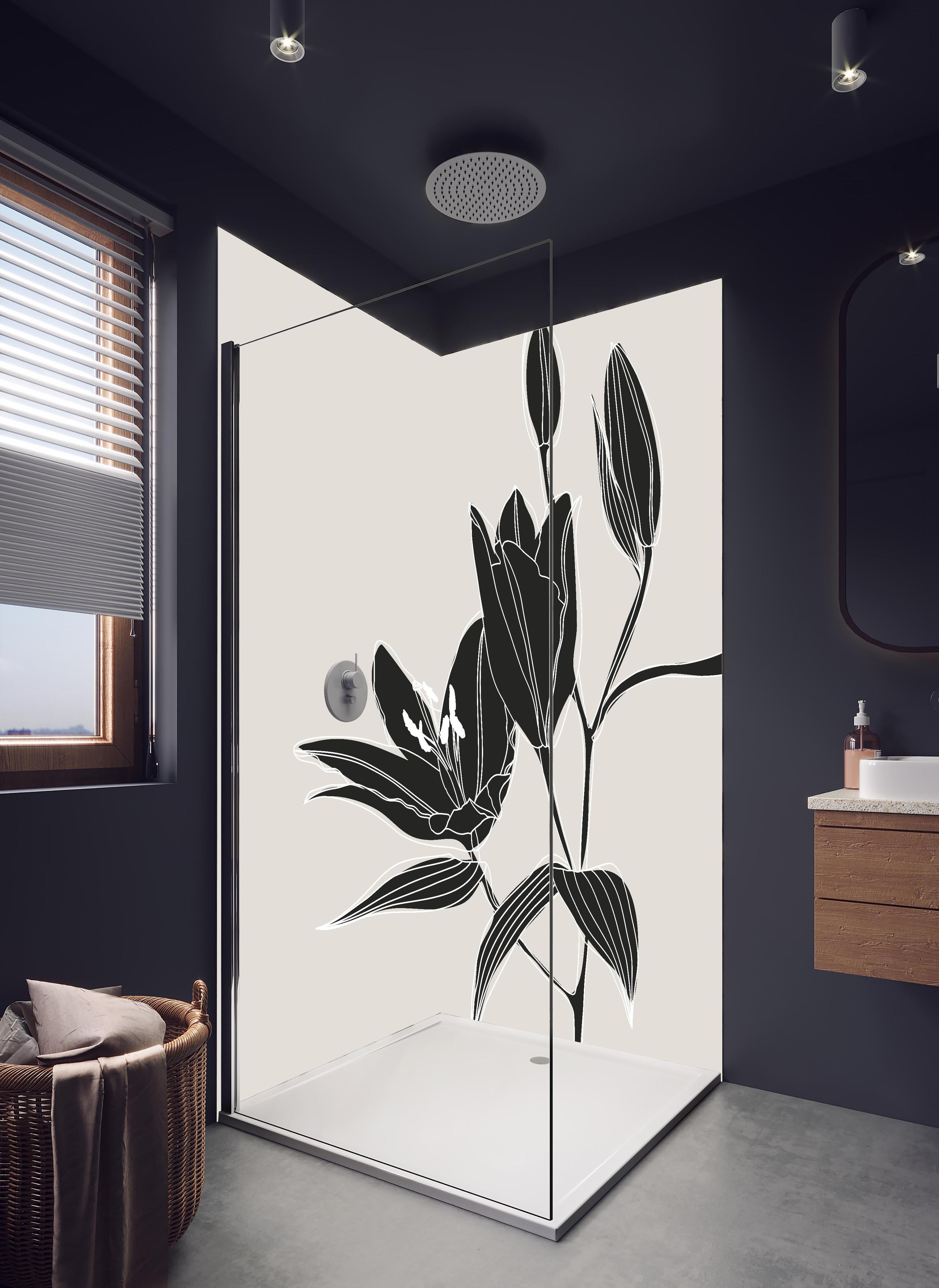 Duschrückwand - Abstrakte Lilienzeichnung in Beige Schwarz in hellem Badezimmer mit Regenduschkopf - zweiteilige Eck-Duschrückwand
