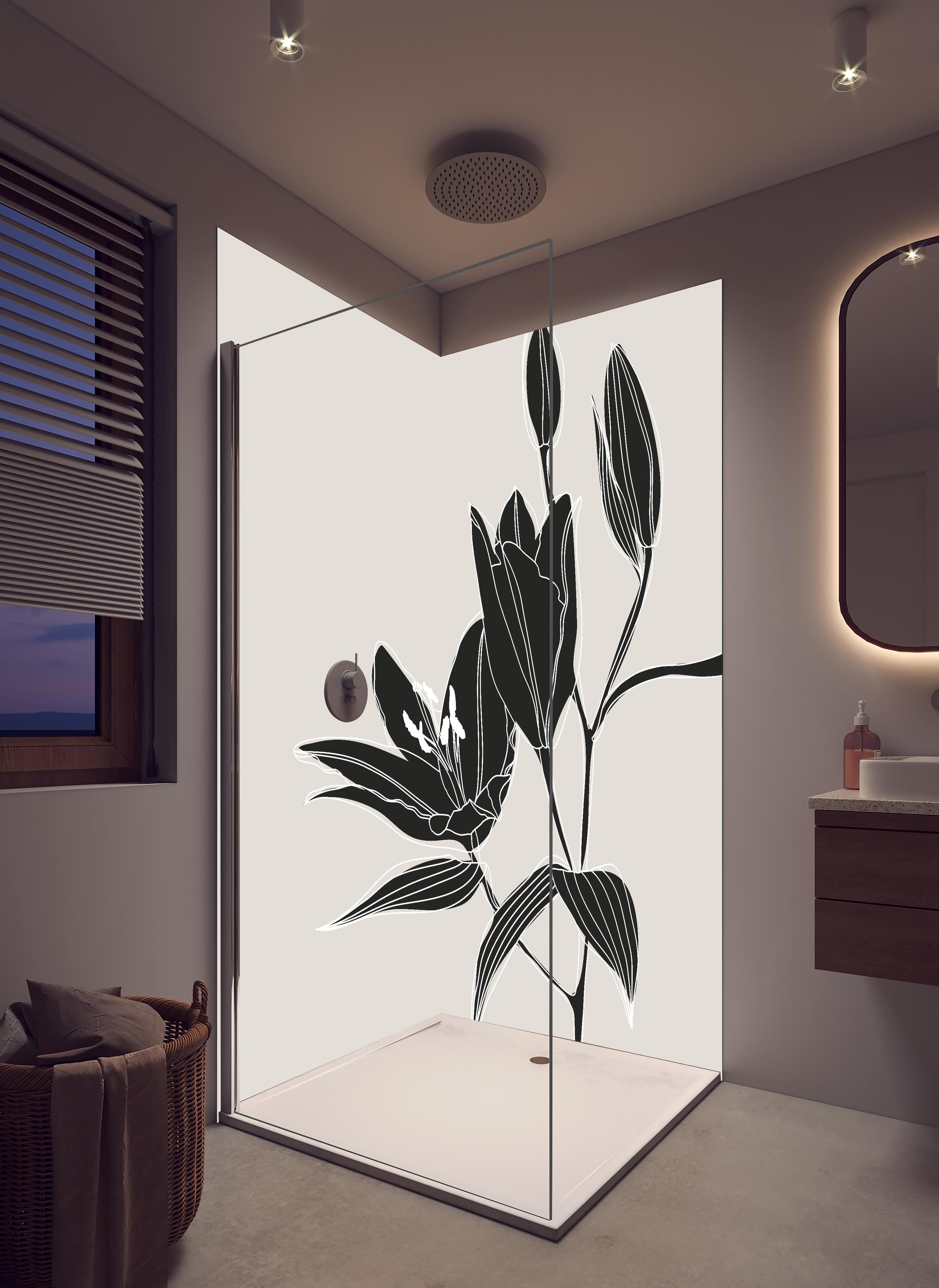 Duschrückwand - Abstrakte Lilienzeichnung in Beige Schwarz in hellem Badezimmer mit Regenduschkopf - zweiteilige Eck-Duschrückwand