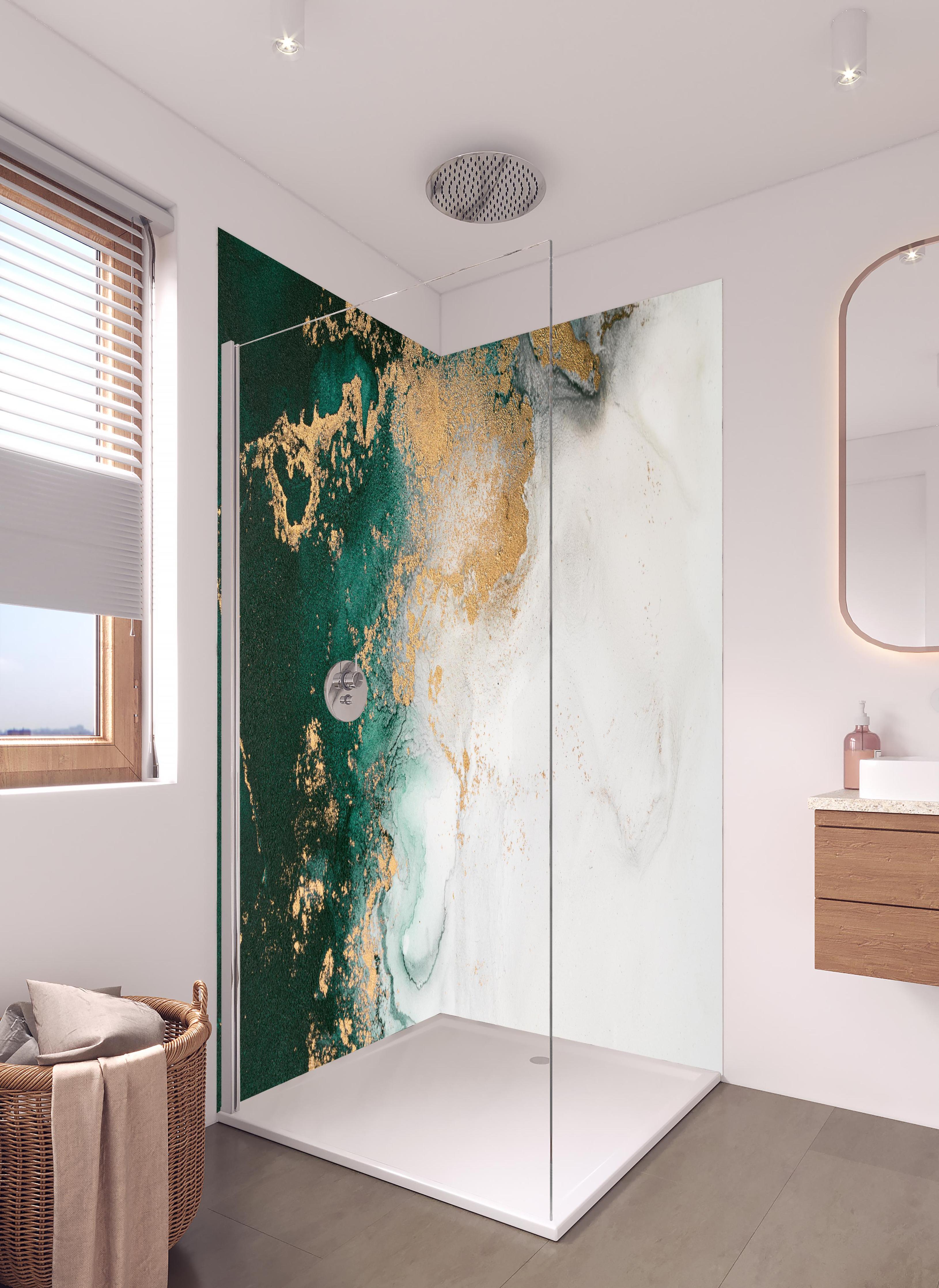 Duschrückwand - Abstrakte Marmor Textur - Flüssigmalerei in hellem Badezimmer mit Regenduschkopf - zweiteilige Eck-Duschrückwand