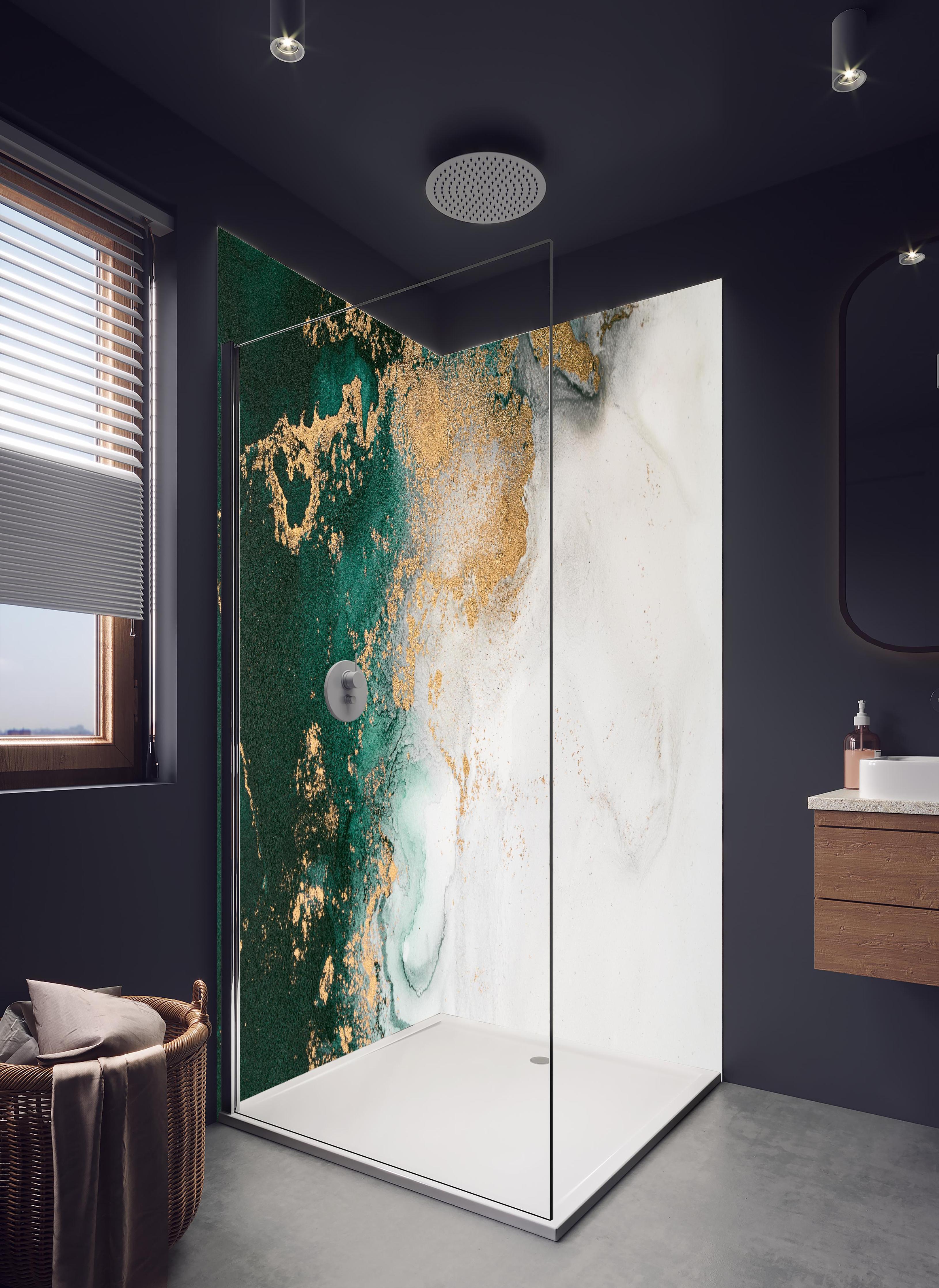 Duschrückwand - Abstrakte Marmor Textur - Flüssigmalerei in hellem Badezimmer mit Regenduschkopf - zweiteilige Eck-Duschrückwand