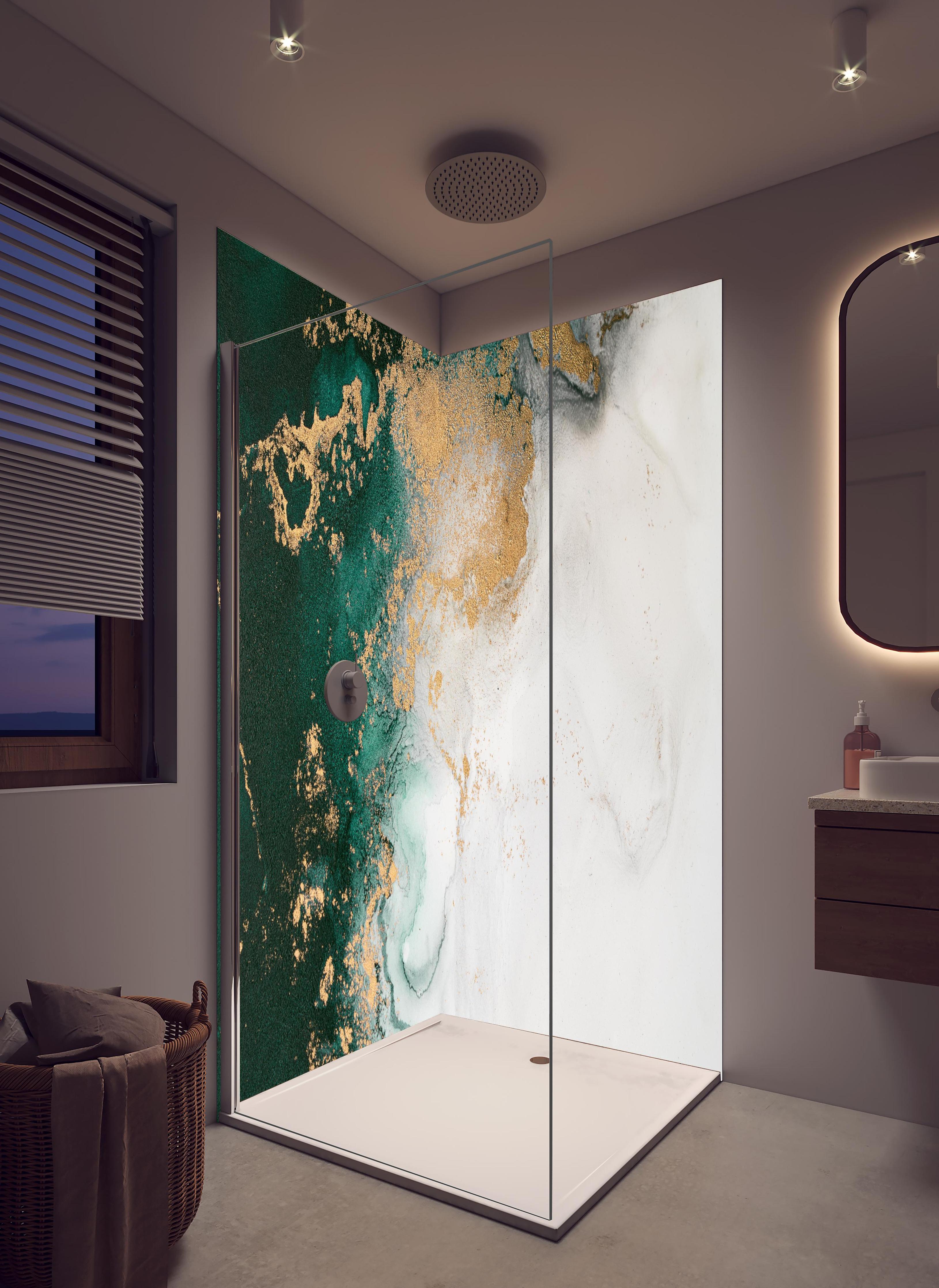 Duschrückwand - Abstrakte Marmor Textur - Flüssigmalerei in hellem Badezimmer mit Regenduschkopf - zweiteilige Eck-Duschrückwand