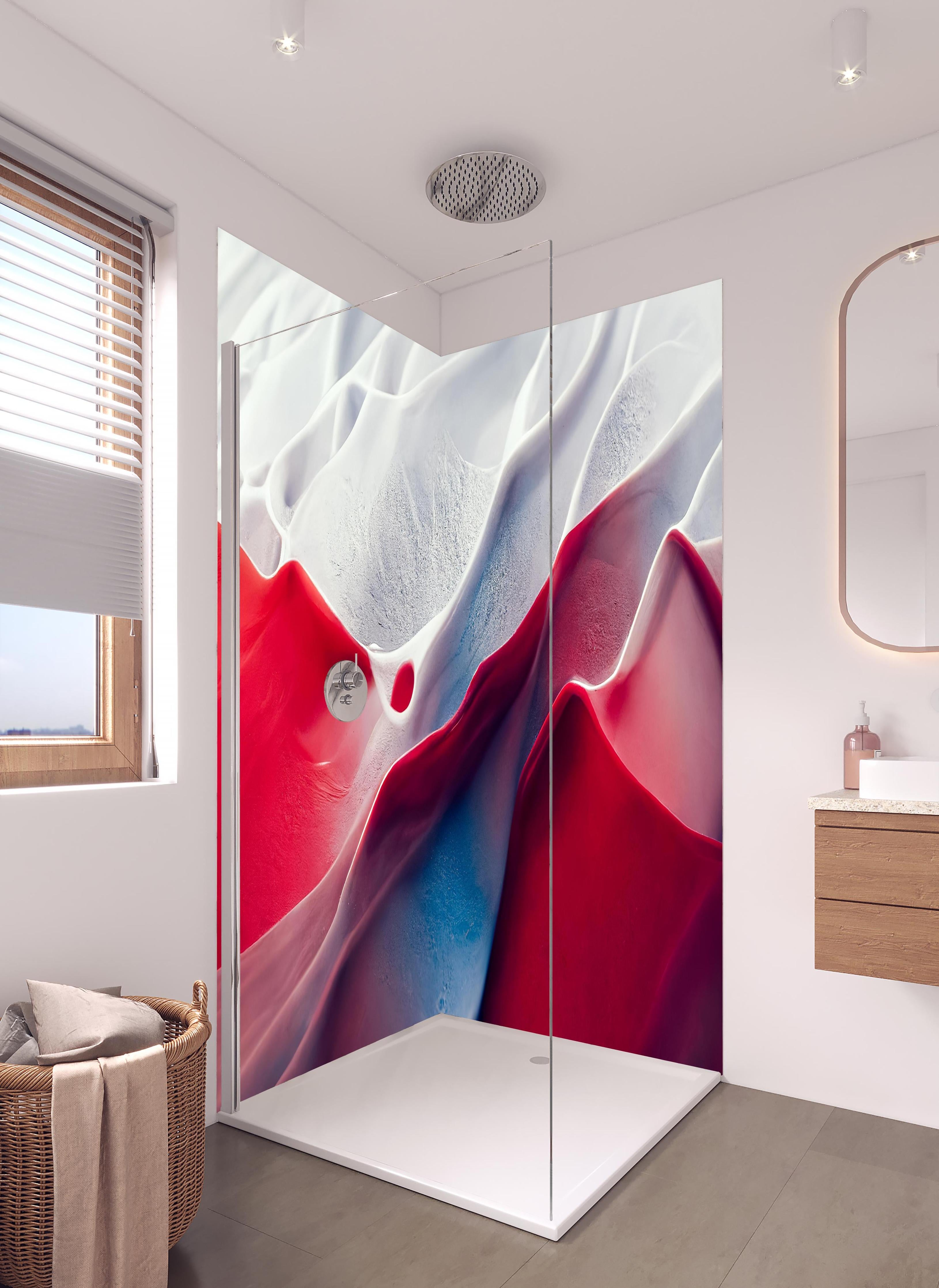 Duschrückwand - Abstrakte Marmor Wellen in rot - weiß in hellem Badezimmer mit Regenduschkopf - zweiteilige Eck-Duschrückwand