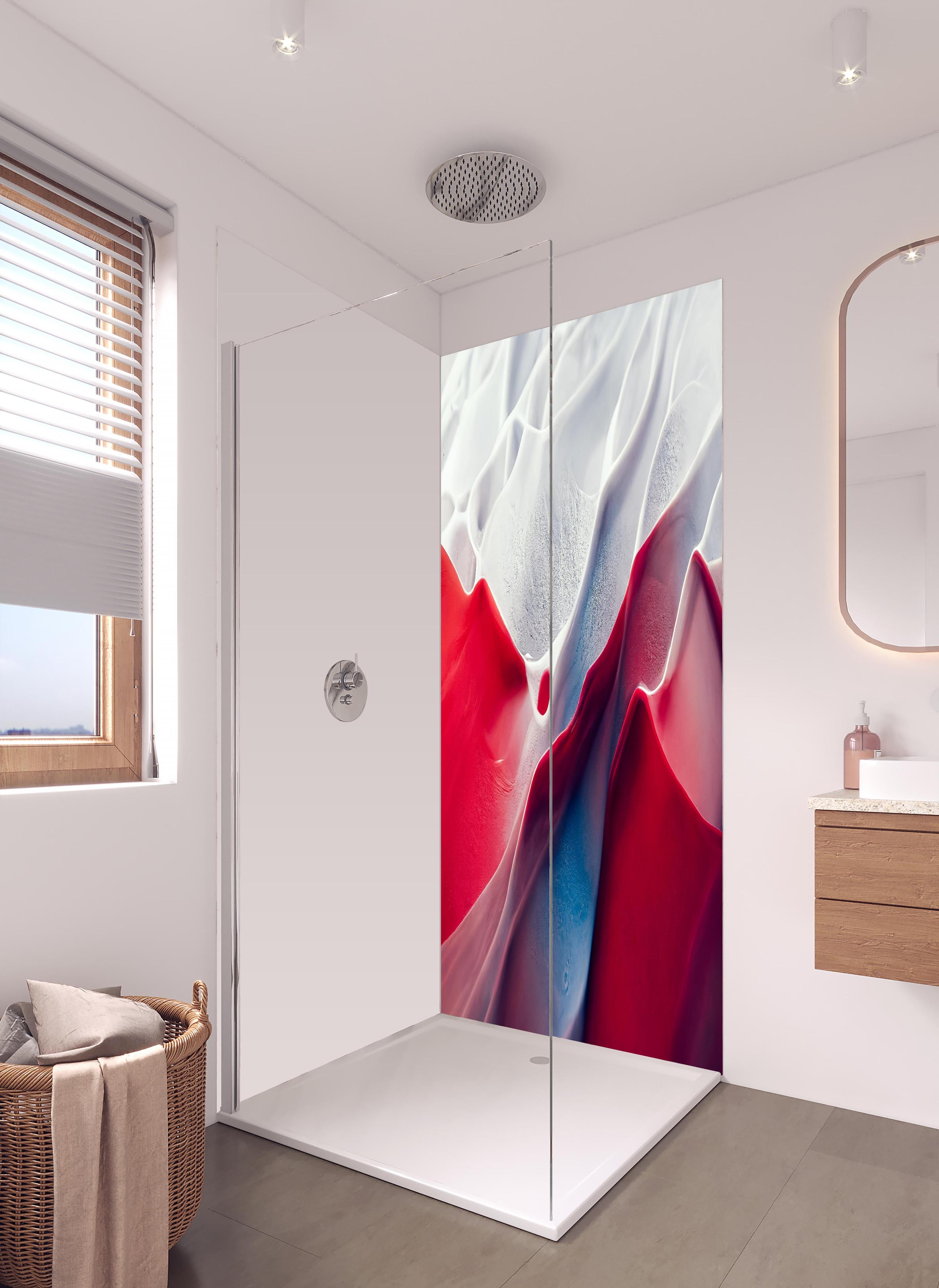 Duschrückwand - Abstrakte Marmor Wellen in rot - weiß in hellem Badezimmer mit Regenduschkopf - zweiteilige Eck-Duschrückwand