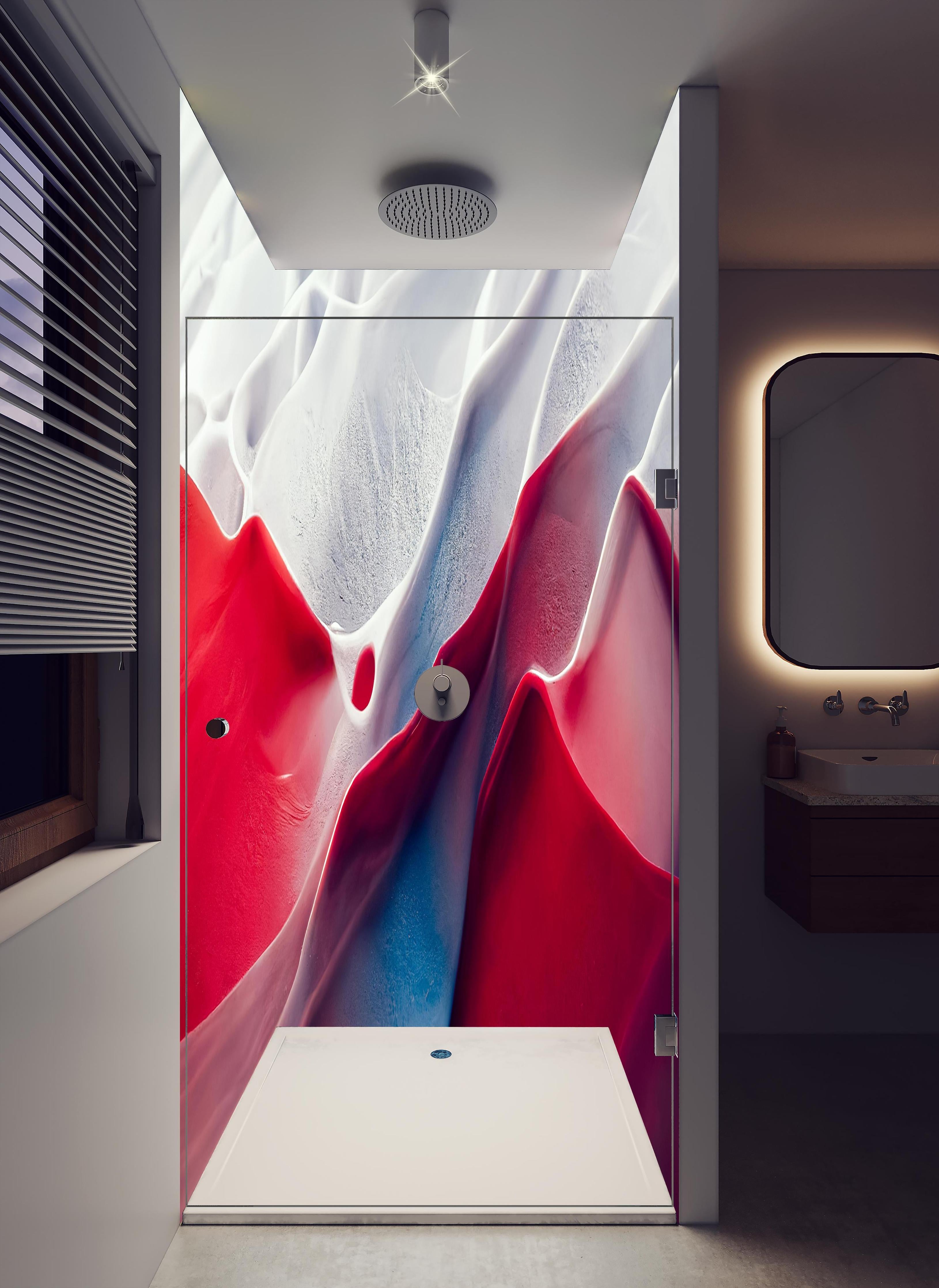 Duschrückwand - Abstrakte Marmor Wellen in rot - weiß in hellem Badezimmer mit Regenduschkopf - zweiteilige Eck-Duschrückwand