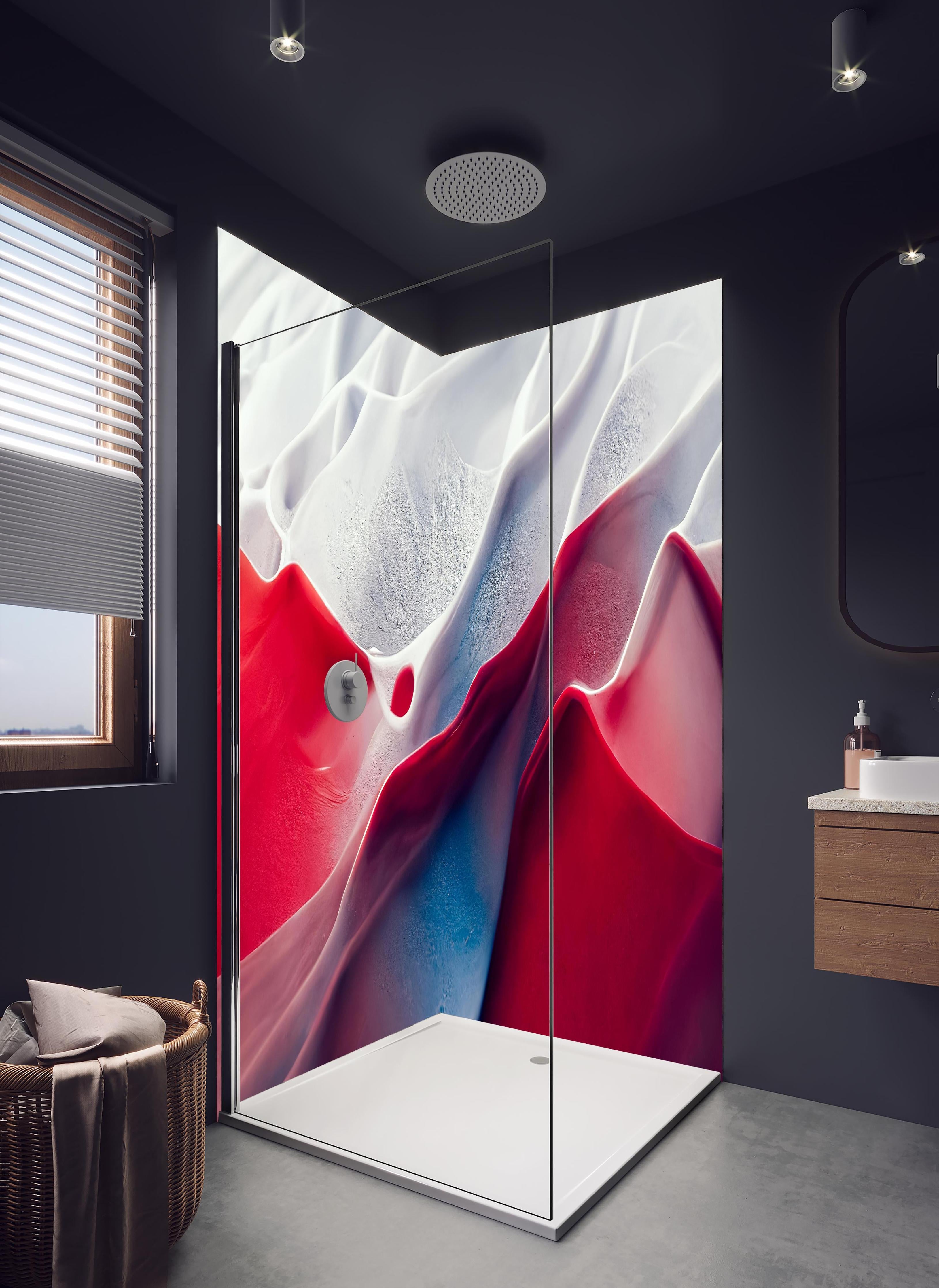 Duschrückwand - Abstrakte Marmor Wellen in rot - weiß in hellem Badezimmer mit Regenduschkopf - zweiteilige Eck-Duschrückwand