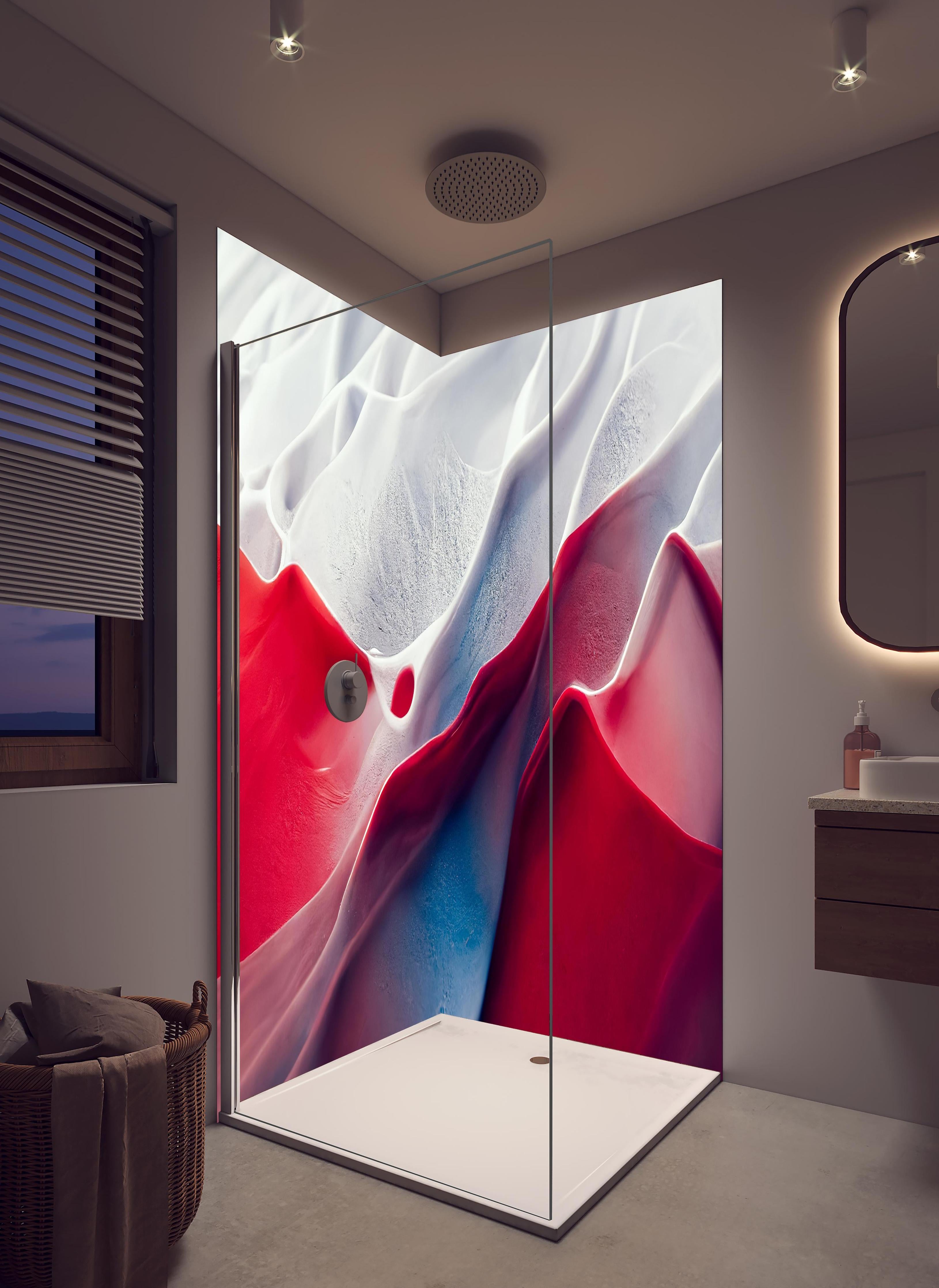 Duschrückwand - Abstrakte Marmor Wellen in rot - weiß in hellem Badezimmer mit Regenduschkopf - zweiteilige Eck-Duschrückwand