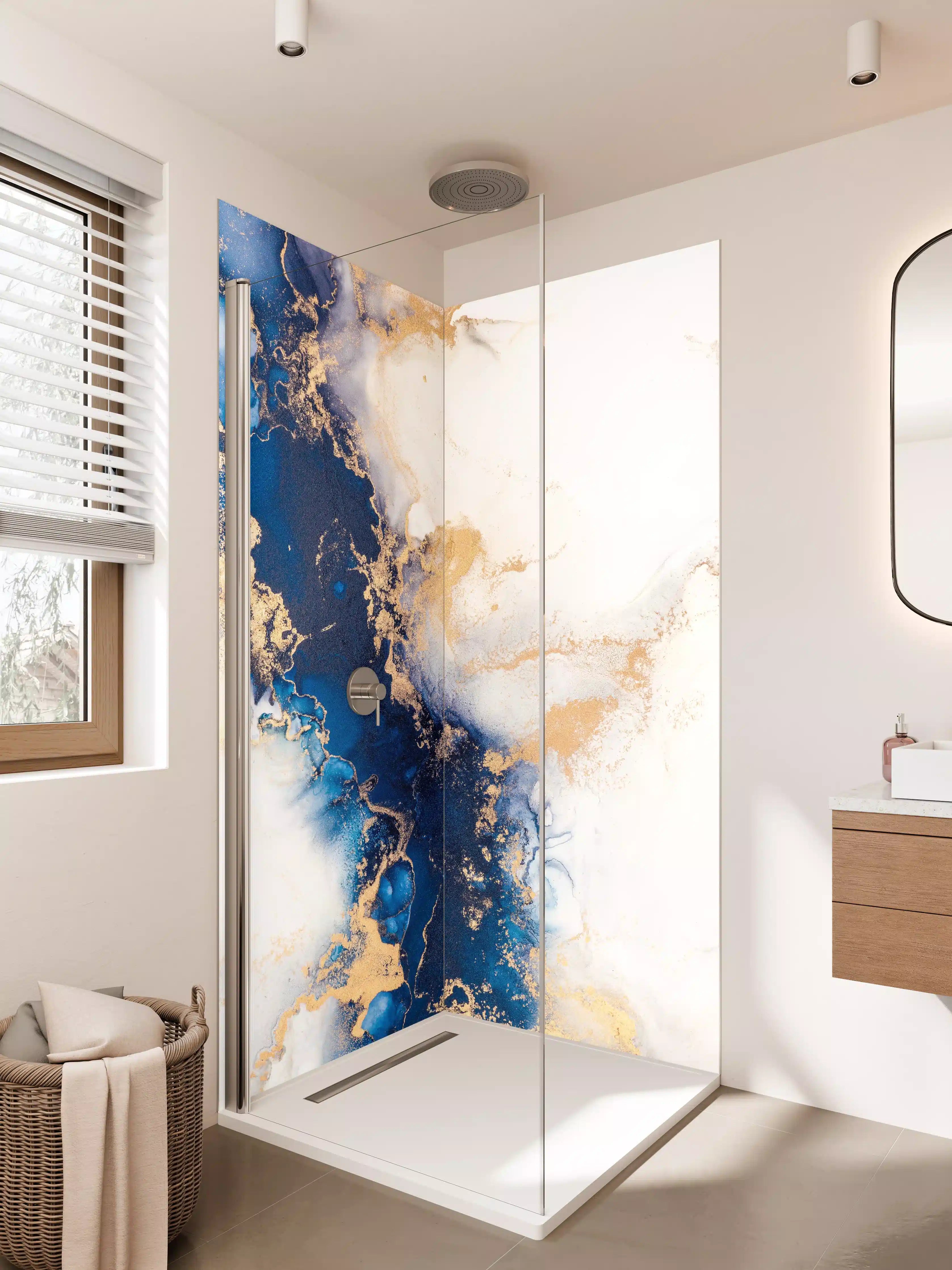 Duschrückwand - Abstrakte Marmortinte in Blau-Gold
