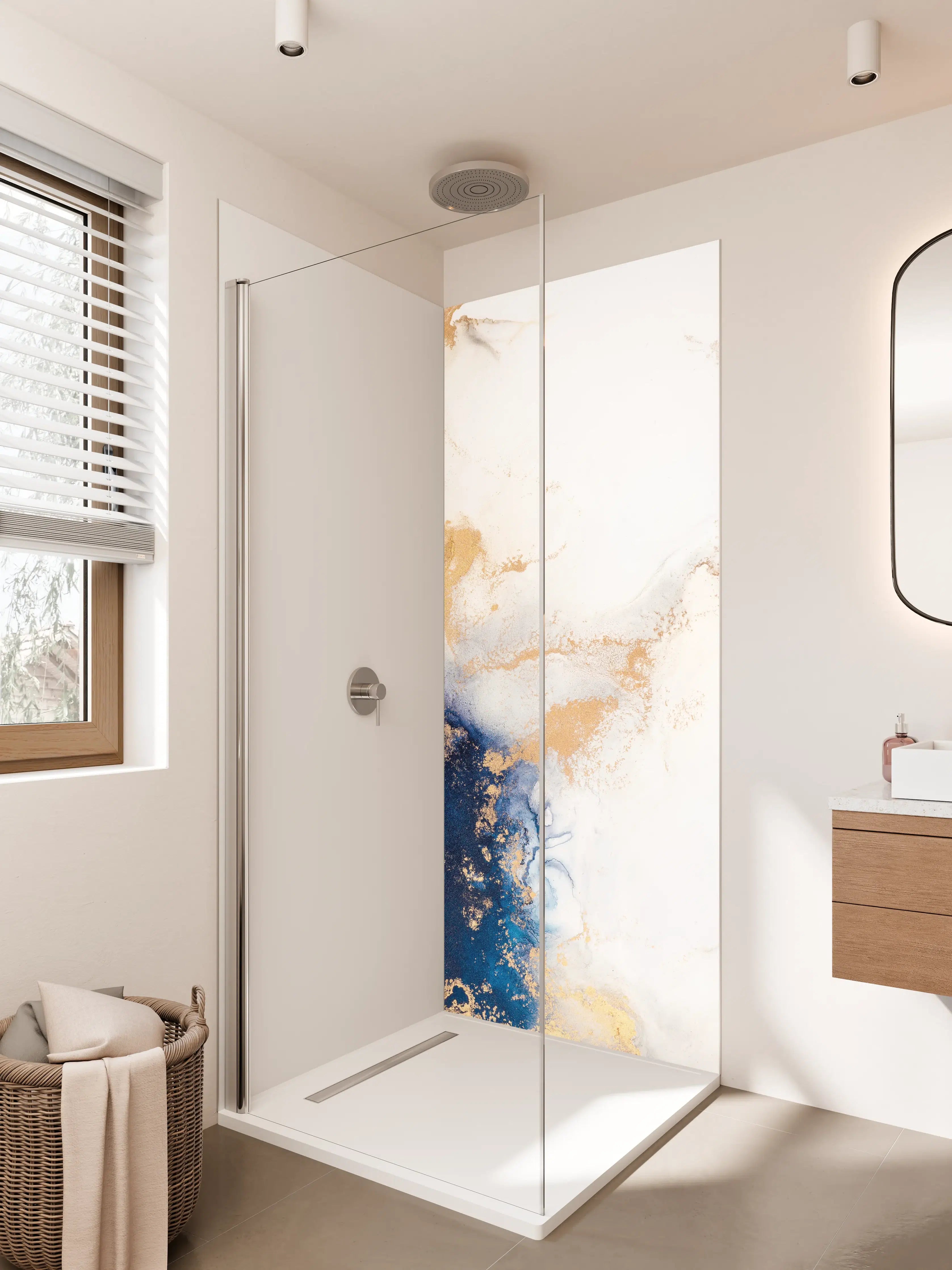 Duschrückwand - Abstrakte Marmortinte in Blau-Gold