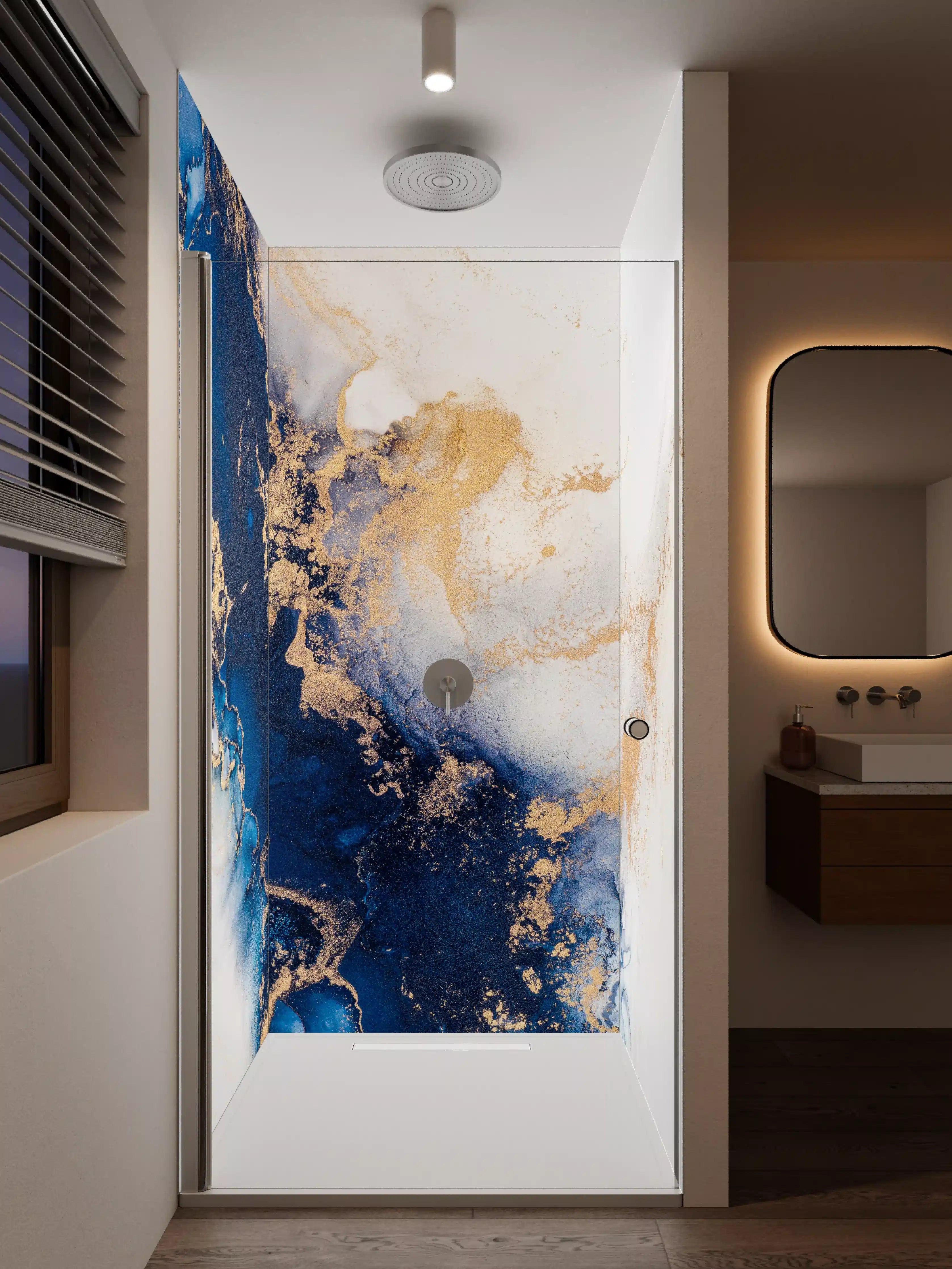 Duschrückwand - Abstrakte Marmortinte in Blau-Gold