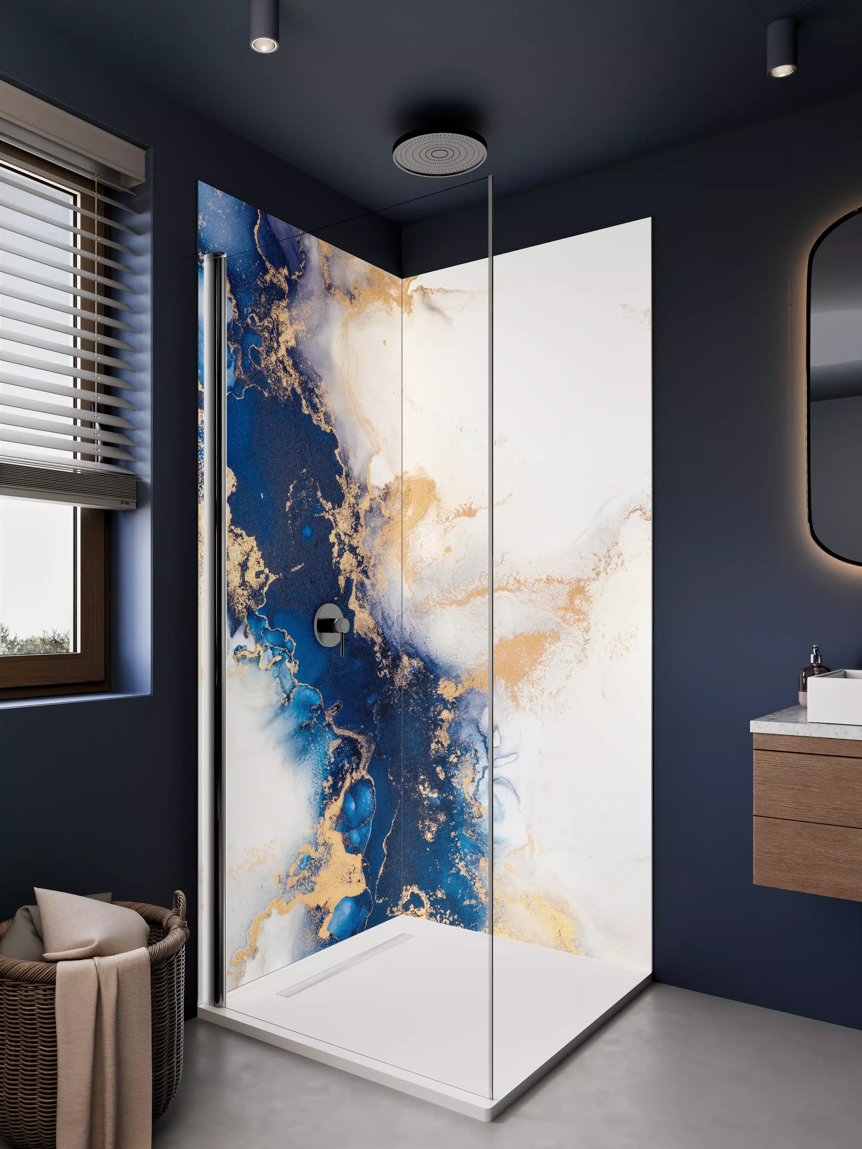 Duschrückwand - Abstrakte Marmortinte in Blau-Gold