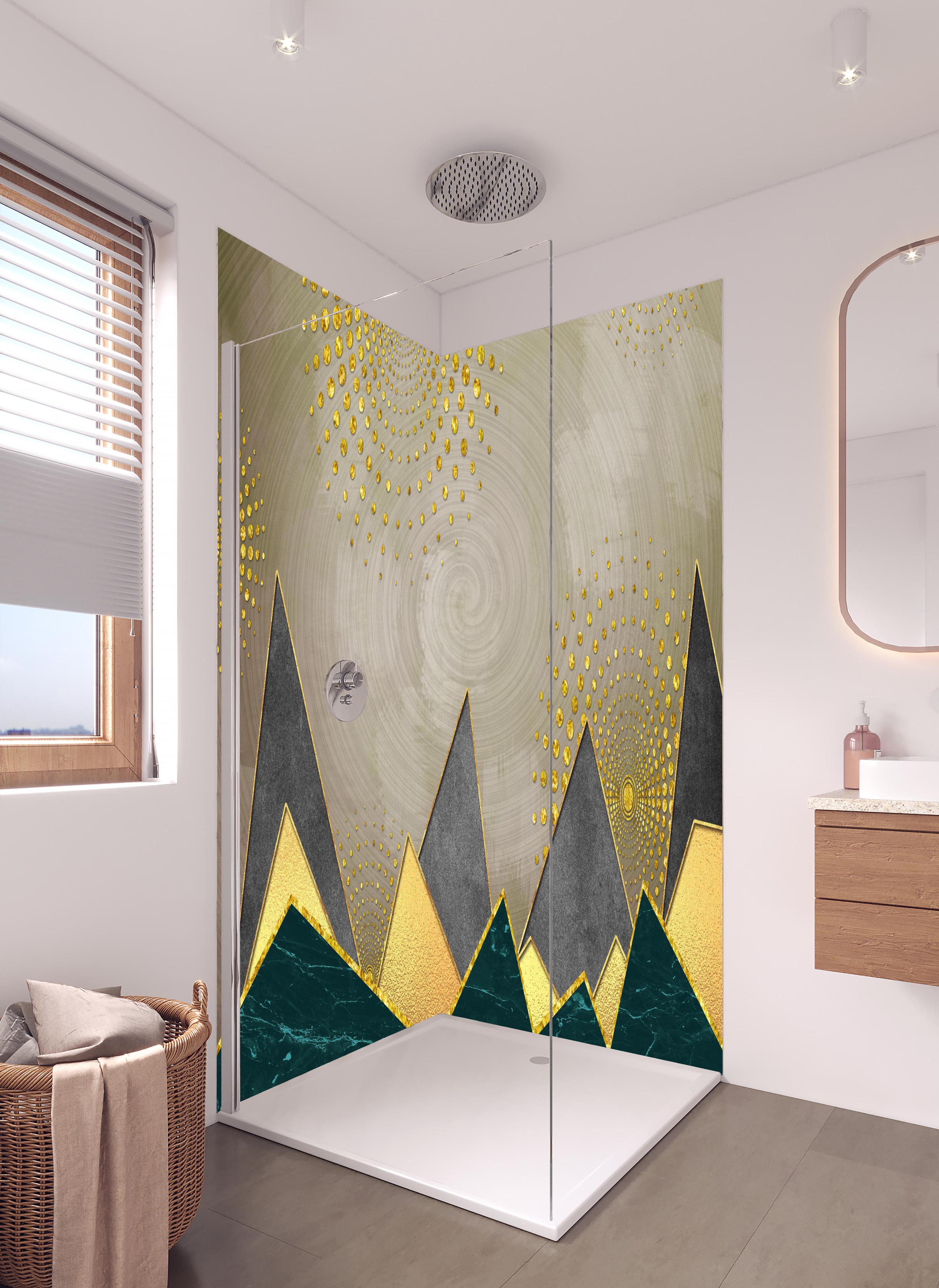 Duschrückwand - Abstrakte Meer - modernes Kunstwerk in hellem Badezimmer mit Regenduschkopf - zweiteilige Eck-Duschrückwand