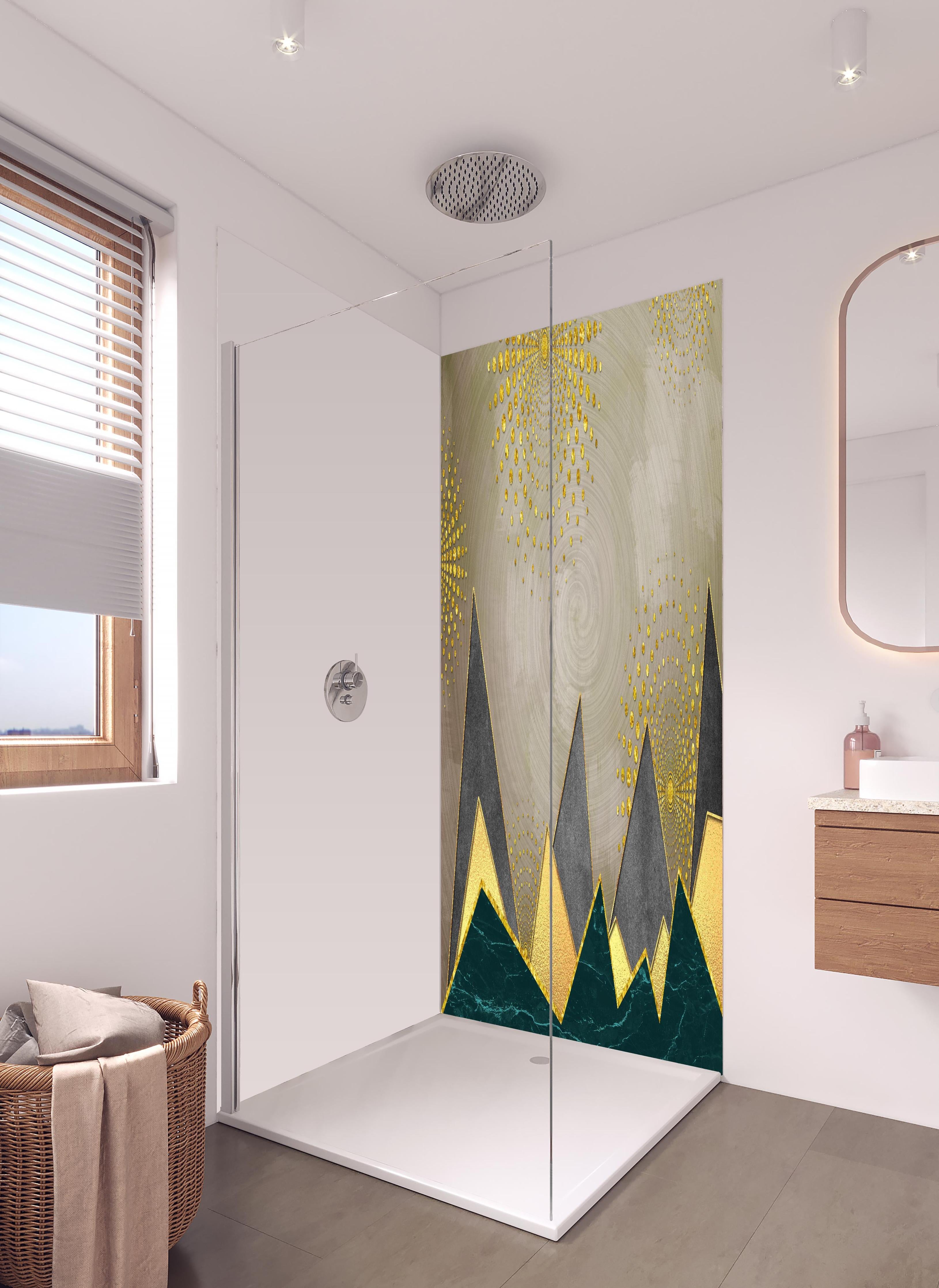 Duschrückwand - Abstrakte Meer - modernes Kunstwerk in hellem Badezimmer mit Regenduschkopf - zweiteilige Eck-Duschrückwand