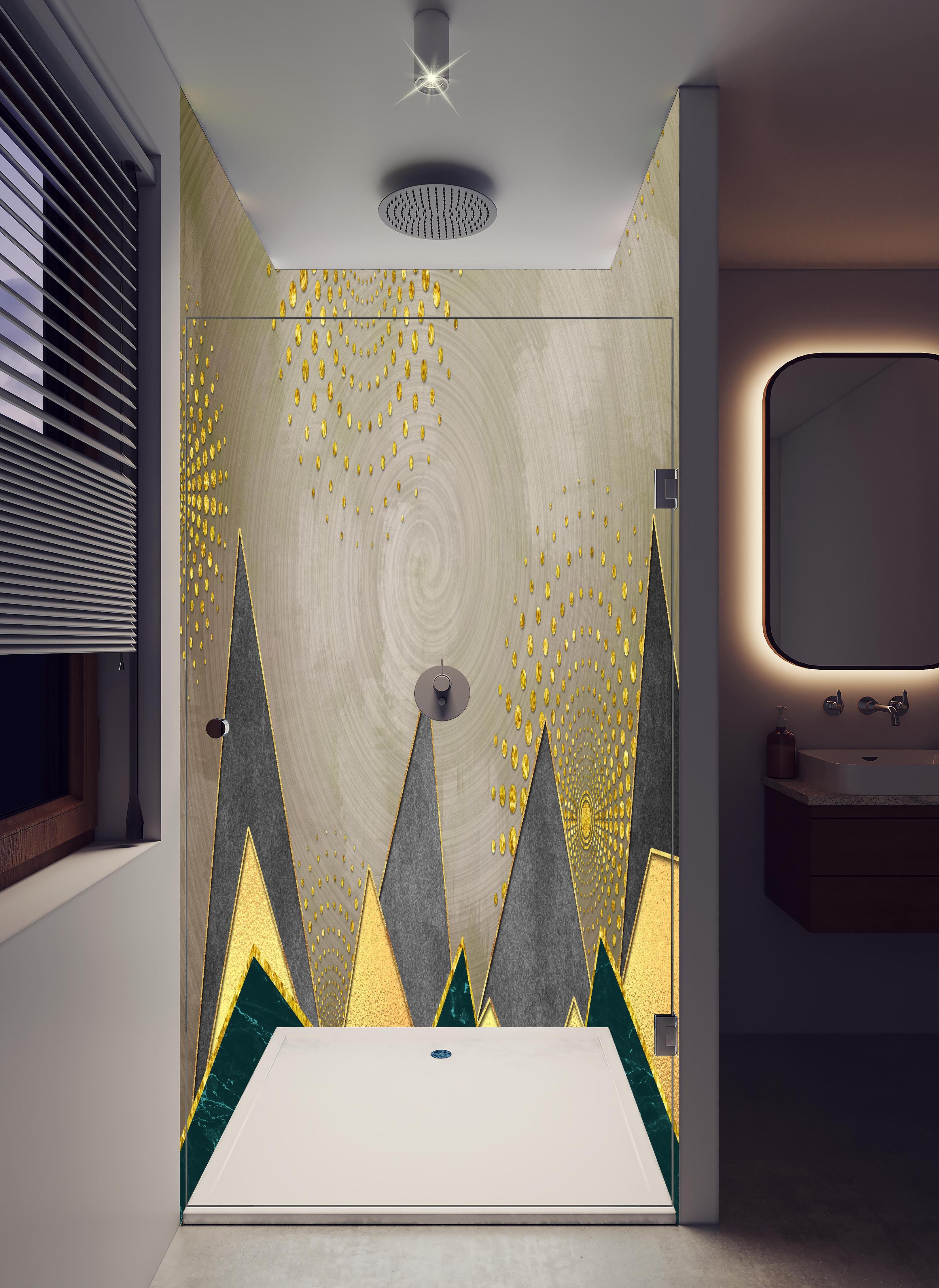 Duschrückwand - Abstrakte Meer - modernes Kunstwerk in hellem Badezimmer mit Regenduschkopf - zweiteilige Eck-Duschrückwand