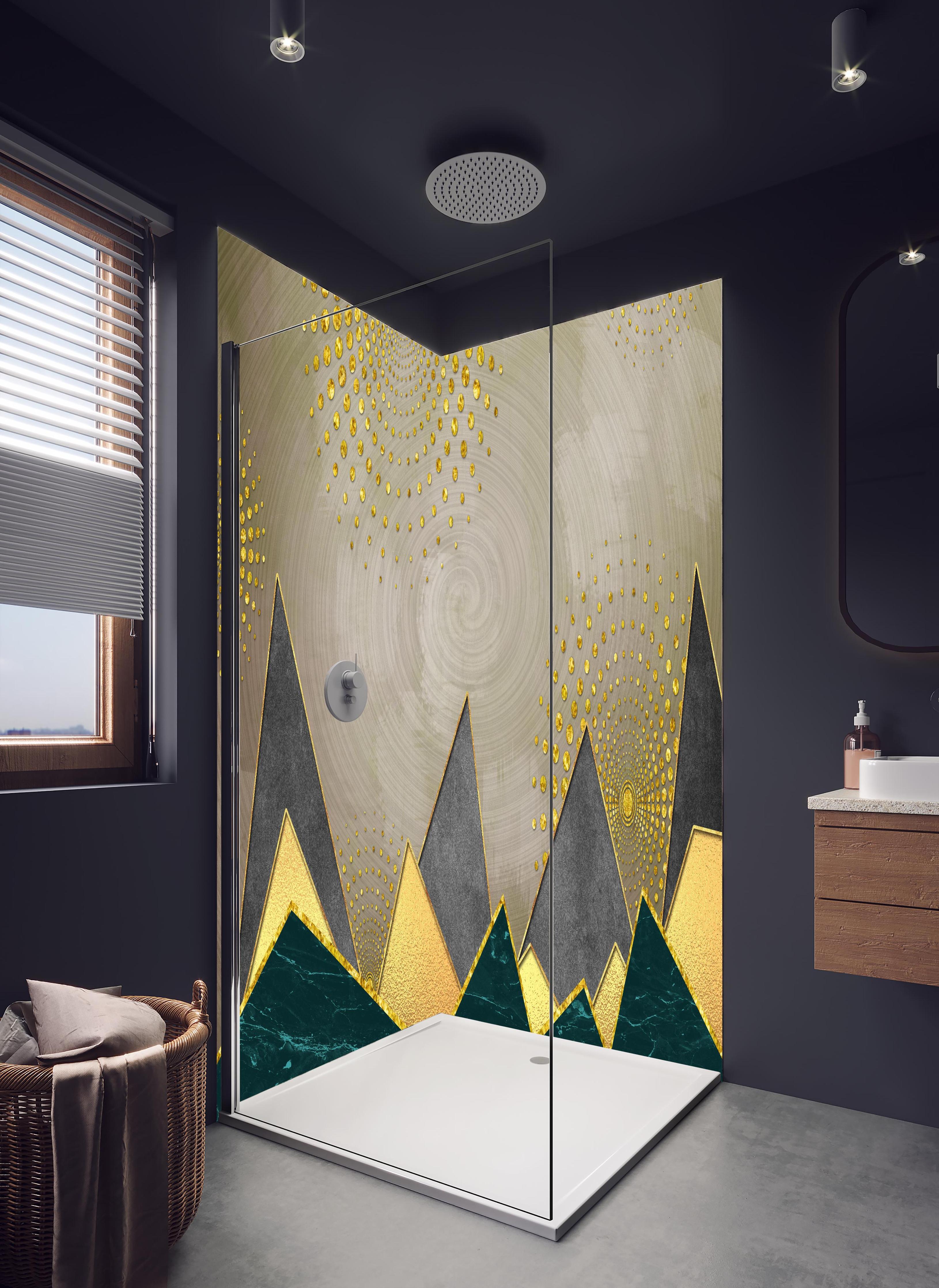 Duschrückwand - Abstrakte Meer - modernes Kunstwerk in hellem Badezimmer mit Regenduschkopf - zweiteilige Eck-Duschrückwand