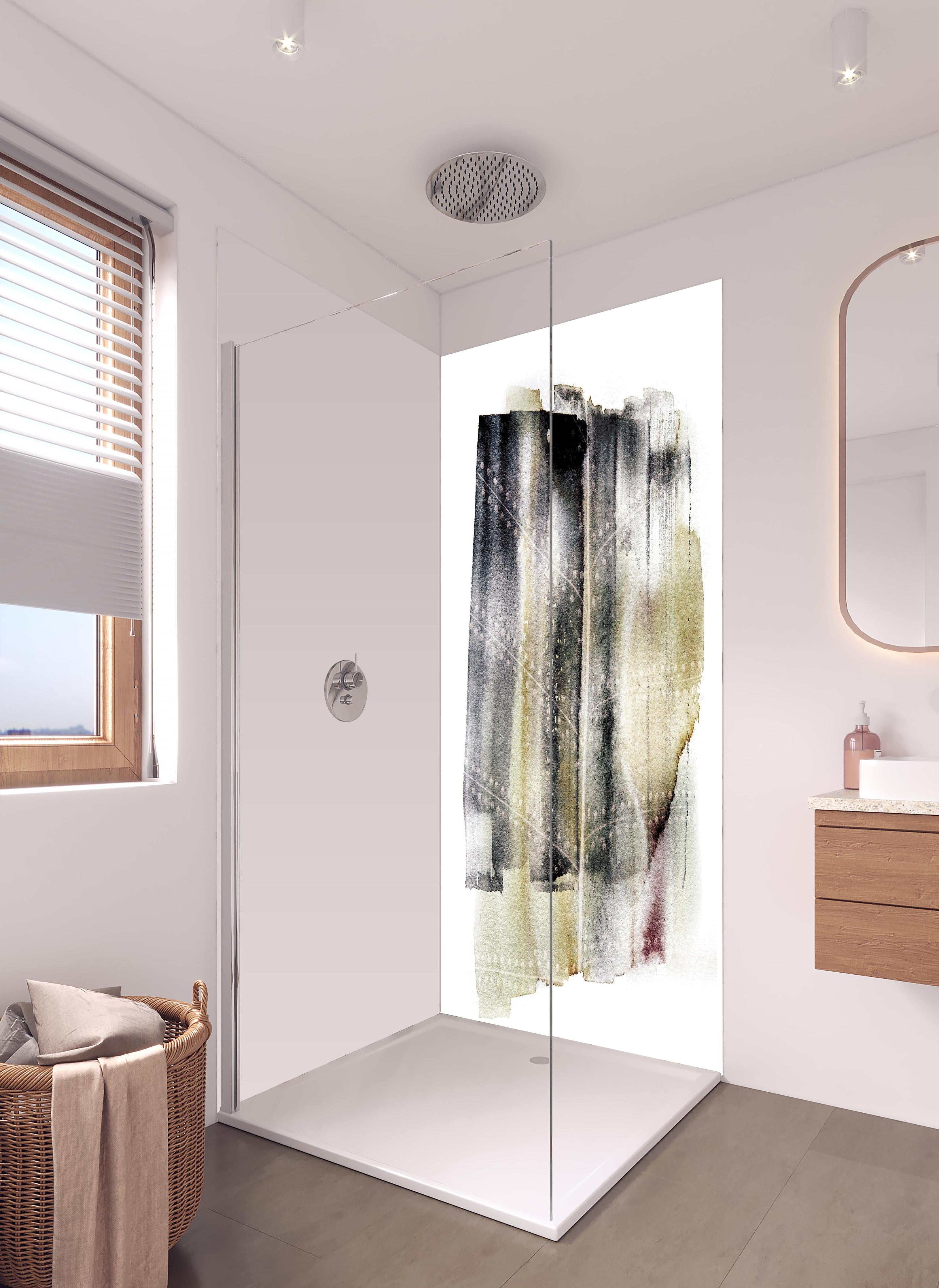 Duschrückwand - Abstrakte Muster in Weiß und Grautönen in hellem Badezimmer mit Regenduschkopf - zweiteilige Eck-Duschrückwand