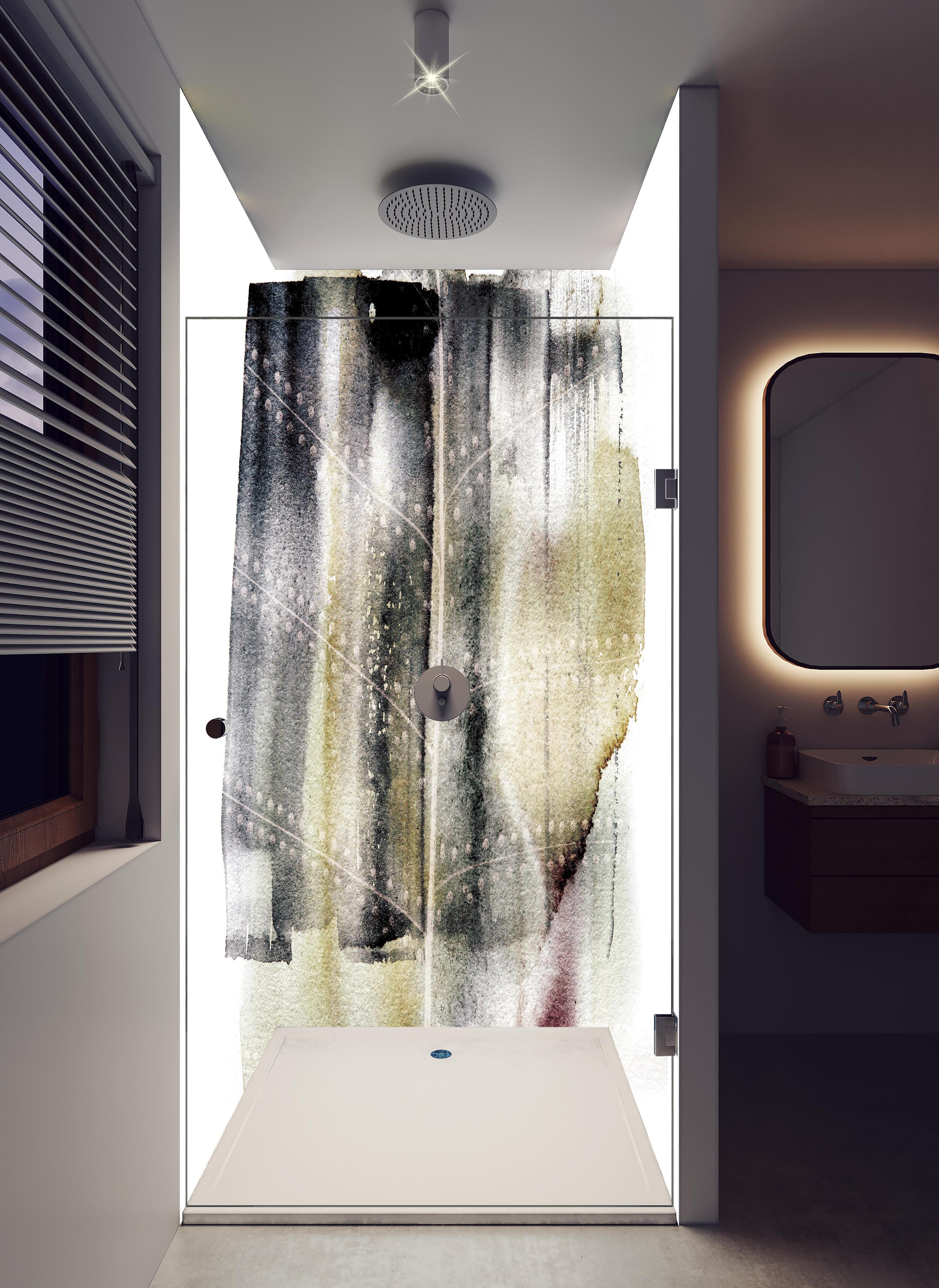 Duschrückwand - Abstrakte Muster in Weiß und Grautönen in hellem Badezimmer mit Regenduschkopf - zweiteilige Eck-Duschrückwand