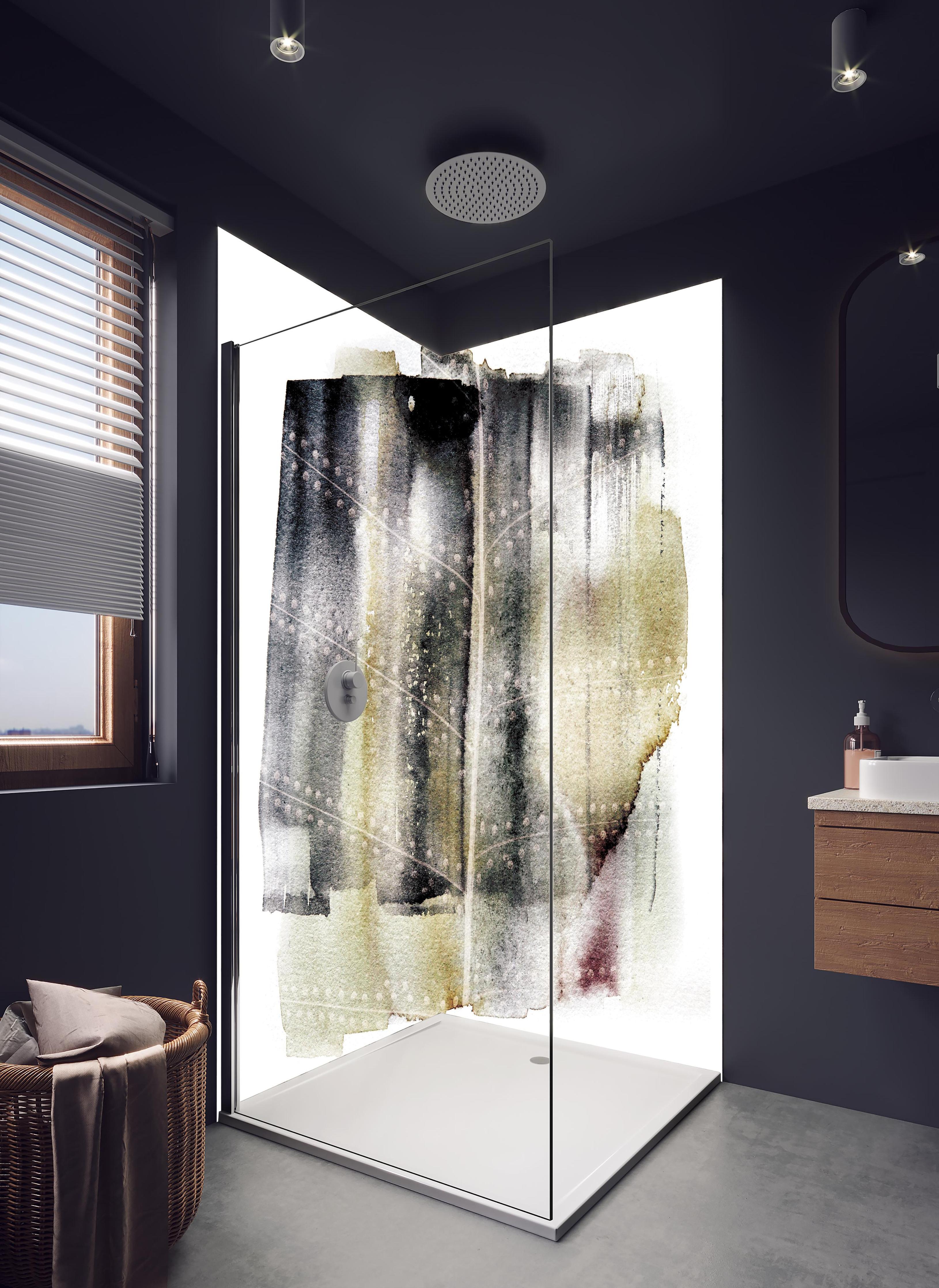 Duschrückwand - Abstrakte Muster in Weiß und Grautönen in hellem Badezimmer mit Regenduschkopf - zweiteilige Eck-Duschrückwand