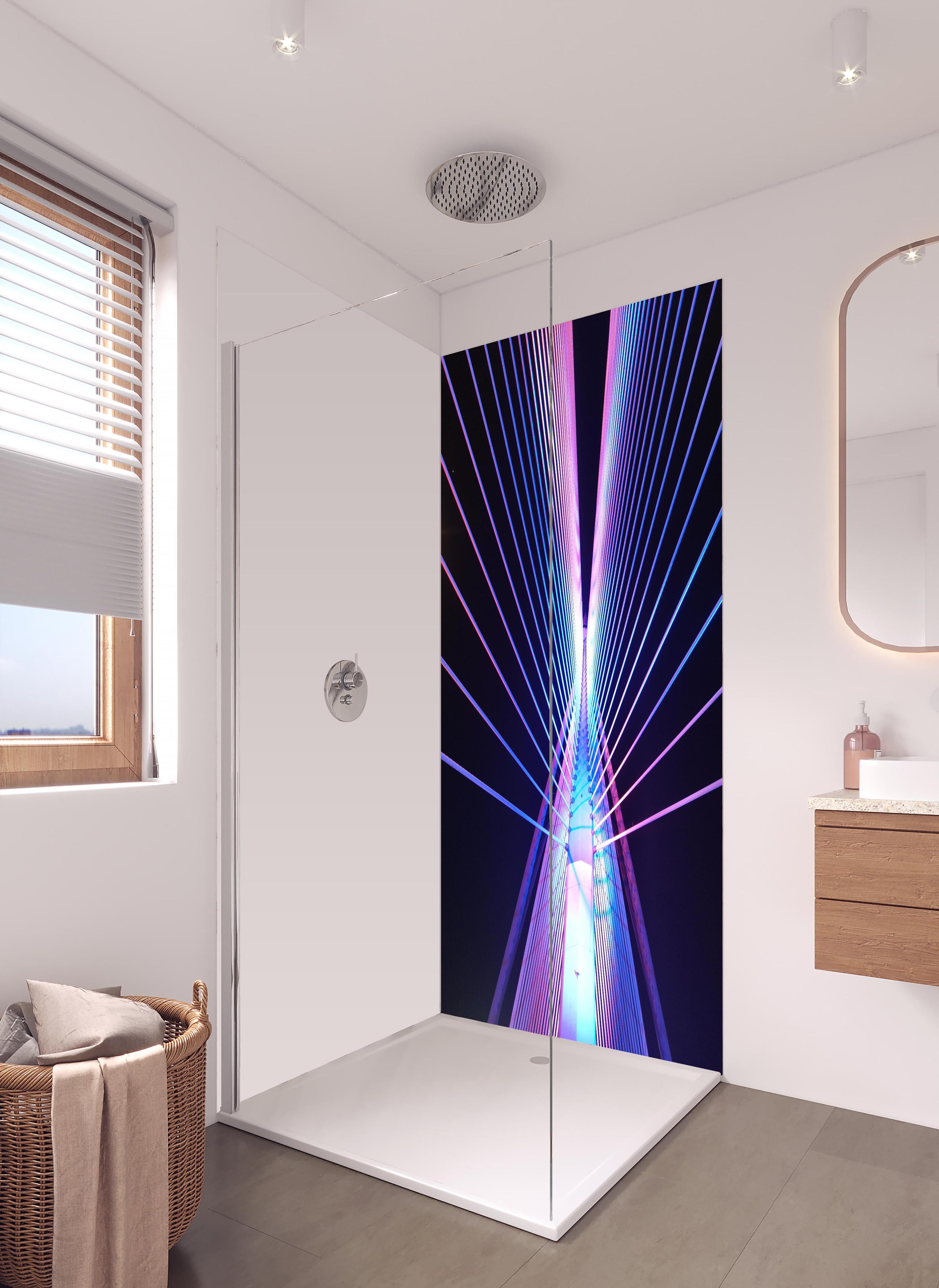 Duschrückwand - Abstrakte Neon Darstellung in hellem Badezimmer mit Regenduschkopf - zweiteilige Eck-Duschrückwand