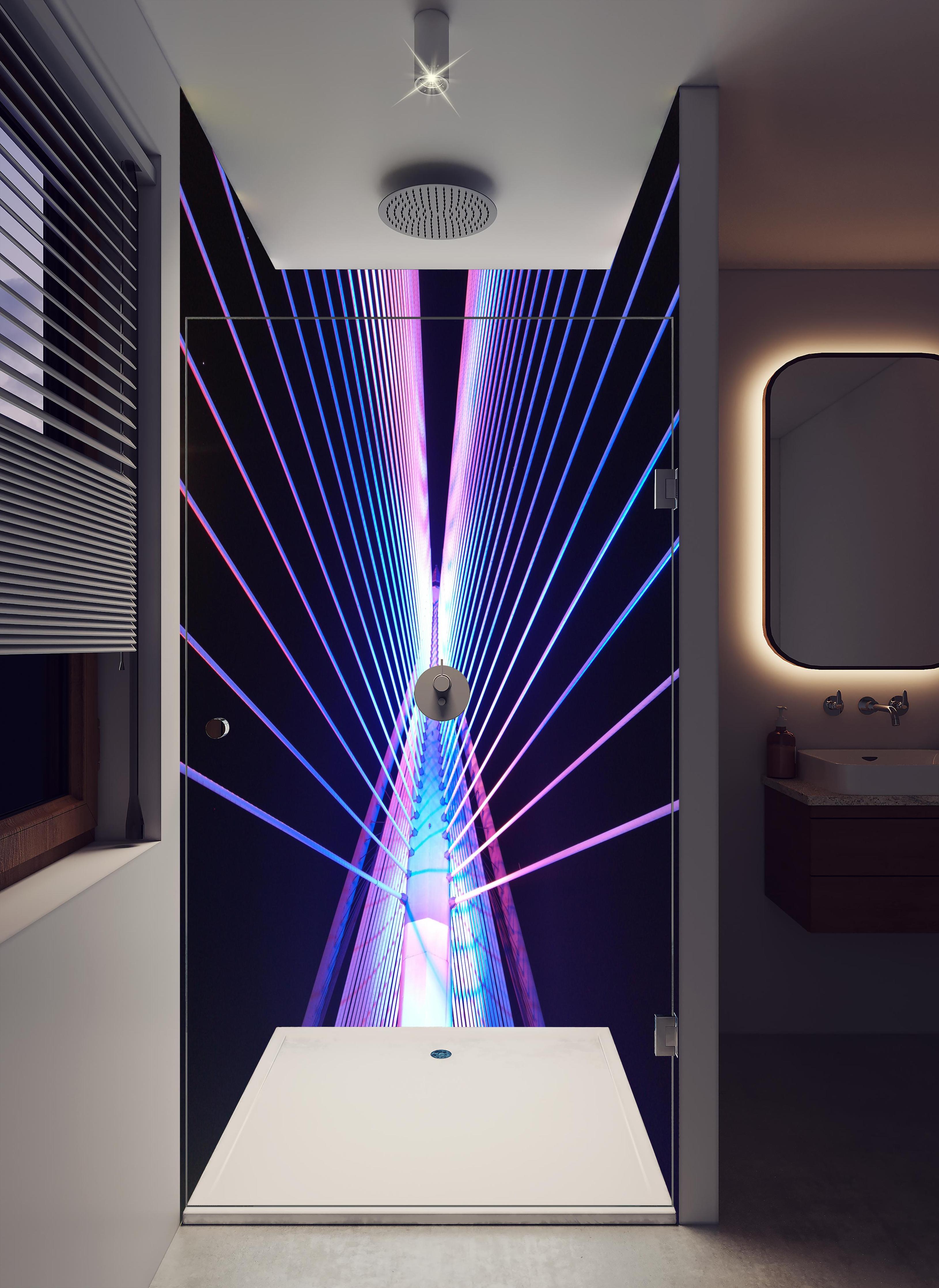 Duschrückwand - Abstrakte Neon Darstellung in hellem Badezimmer mit Regenduschkopf - zweiteilige Eck-Duschrückwand