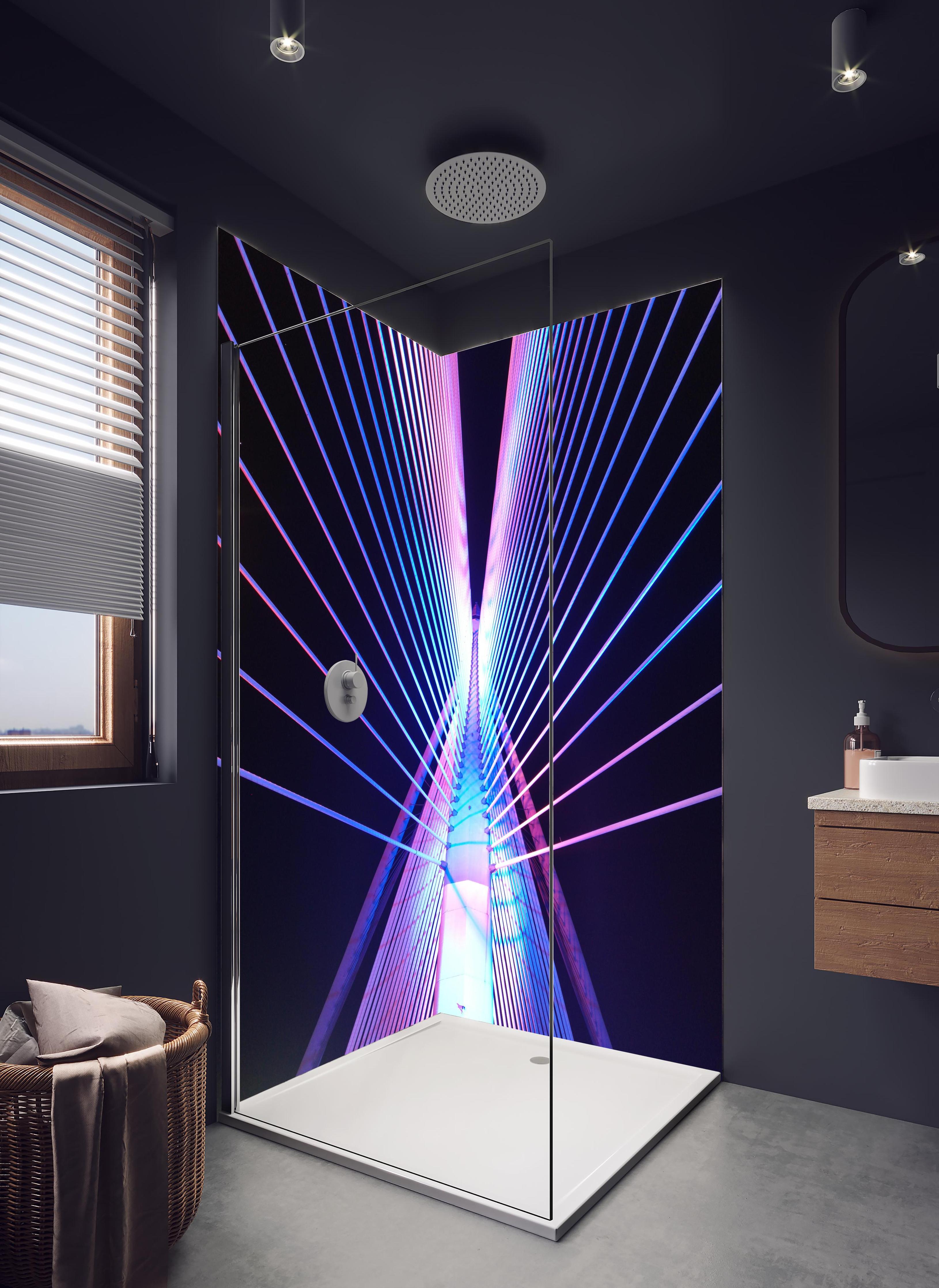 Duschrückwand - Abstrakte Neon Darstellung in hellem Badezimmer mit Regenduschkopf - zweiteilige Eck-Duschrückwand