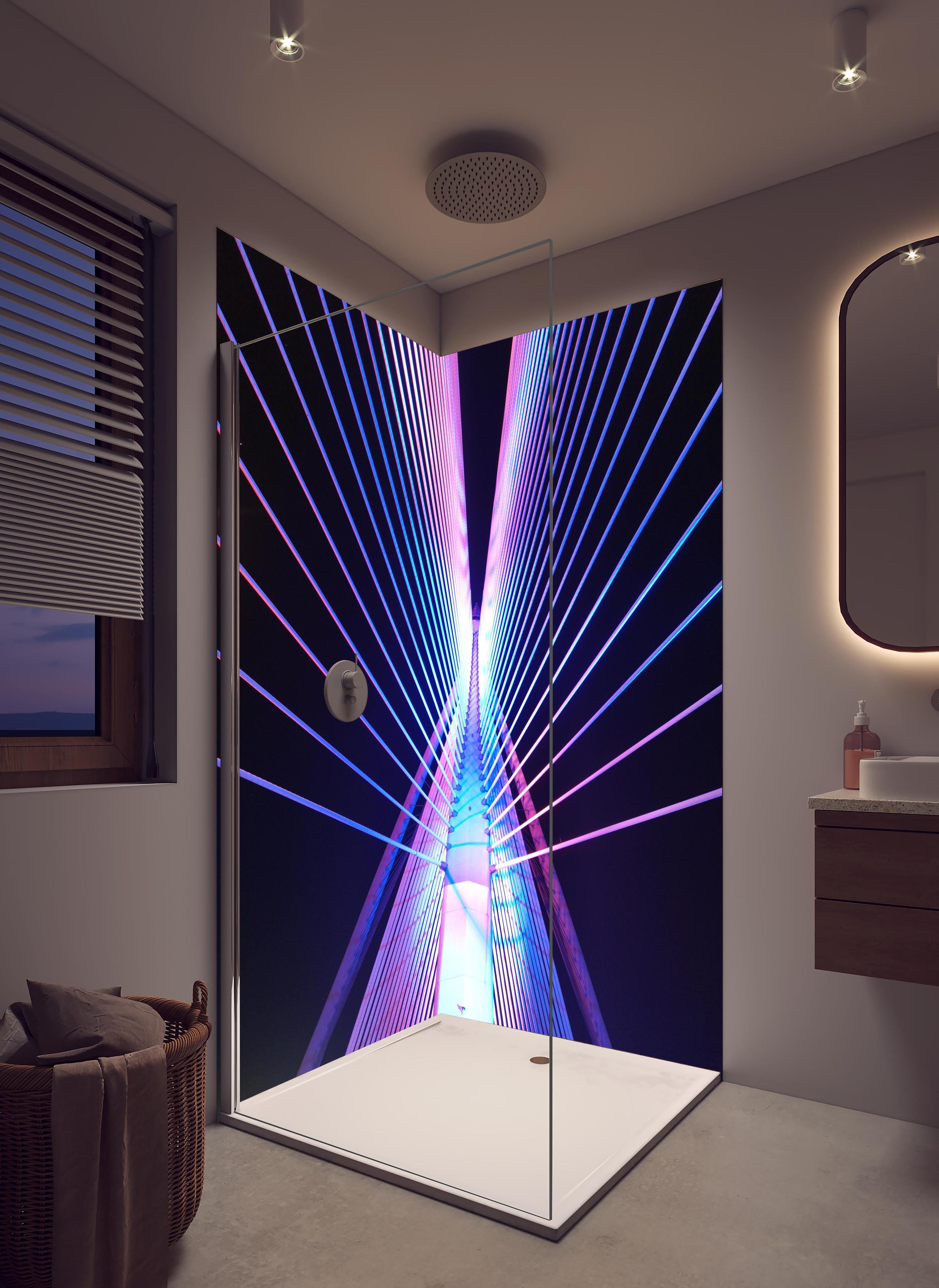 Duschrückwand - Abstrakte Neon Darstellung in hellem Badezimmer mit Regenduschkopf - zweiteilige Eck-Duschrückwand