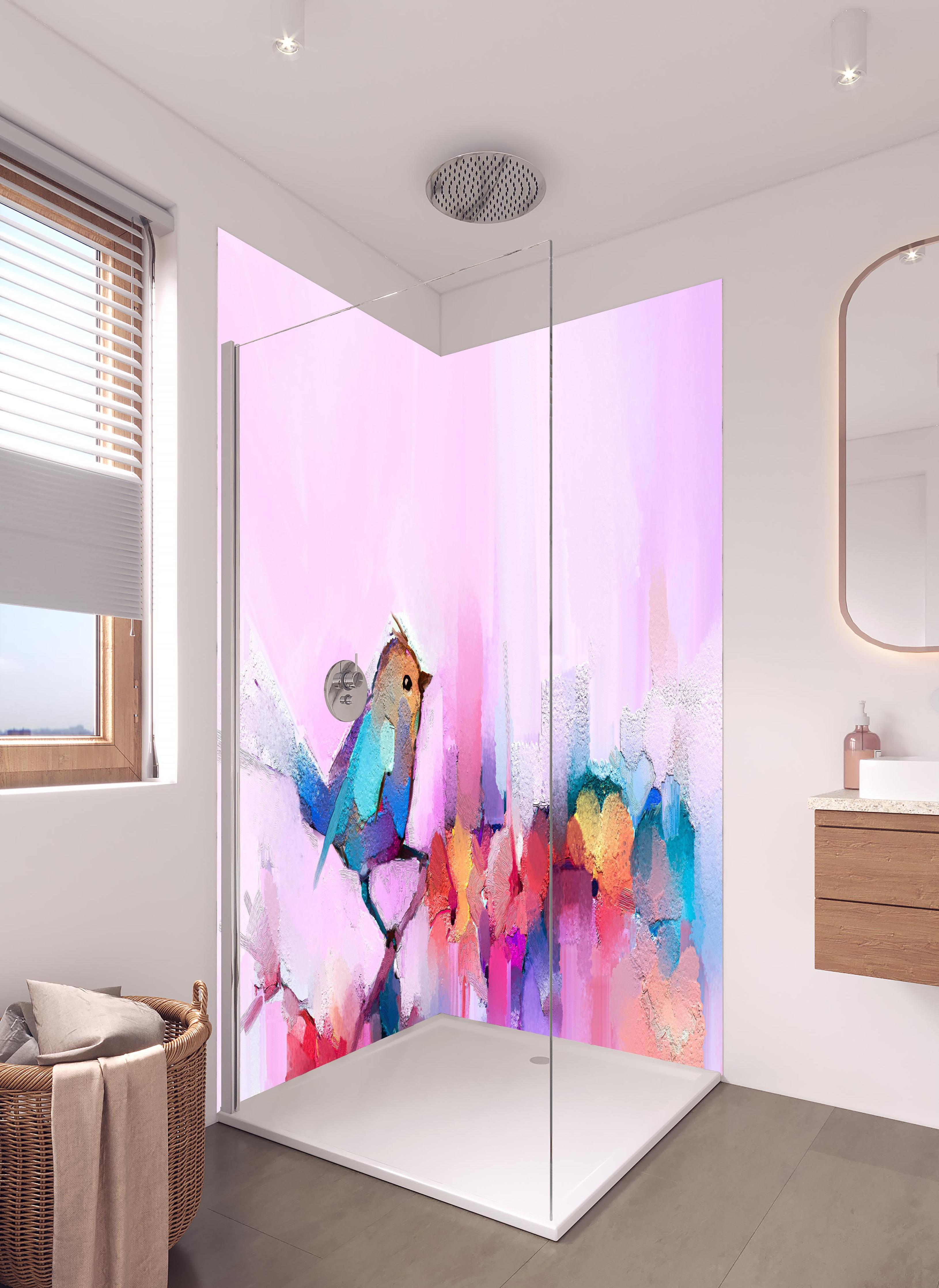 Duschrückwand - Abstrakte Öl - Malerei in hellem Badezimmer mit Regenduschkopf - zweiteilige Eck-Duschrückwand