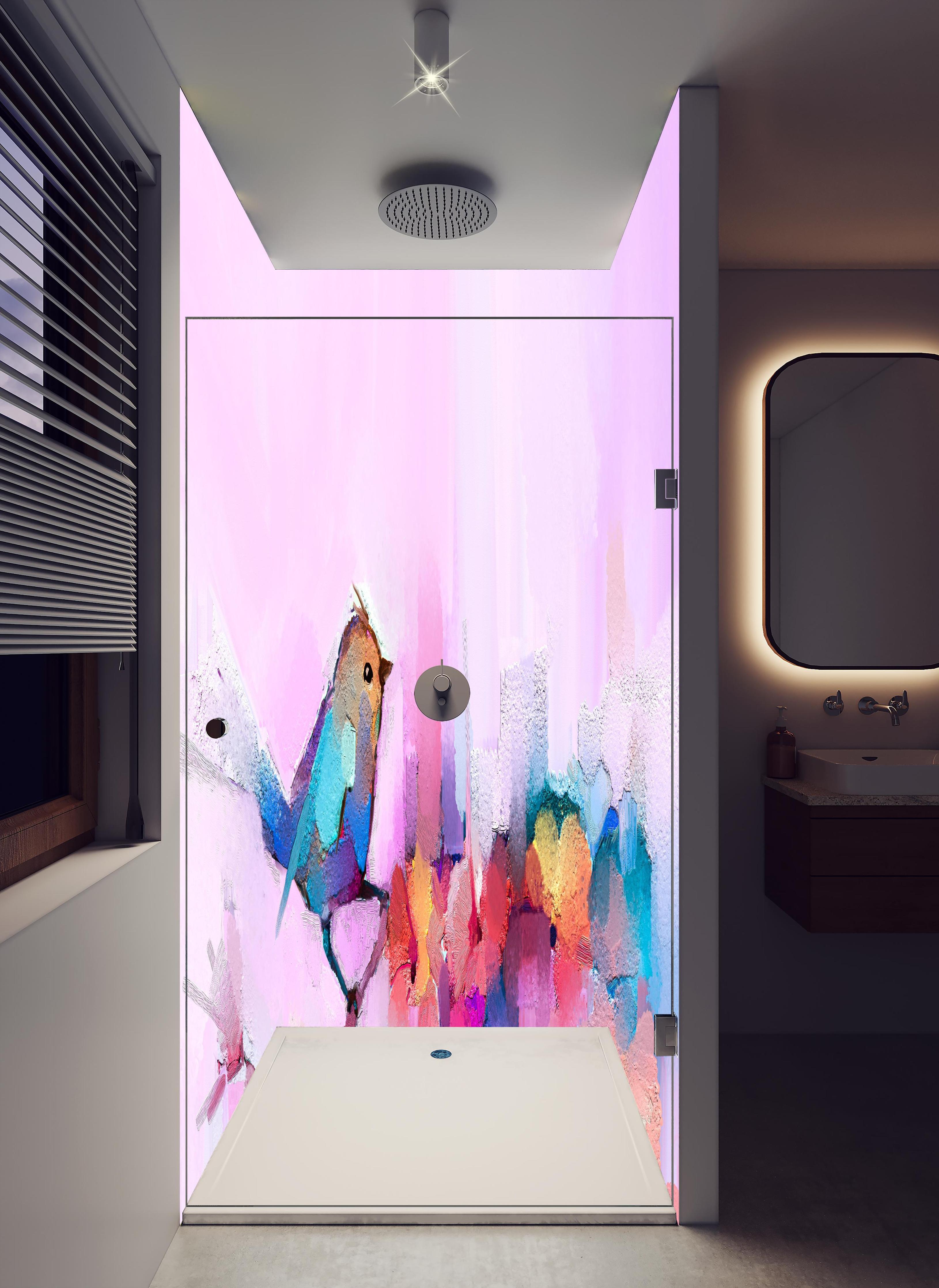 Duschrückwand - Abstrakte Öl - Malerei in hellem Badezimmer mit Regenduschkopf - zweiteilige Eck-Duschrückwand