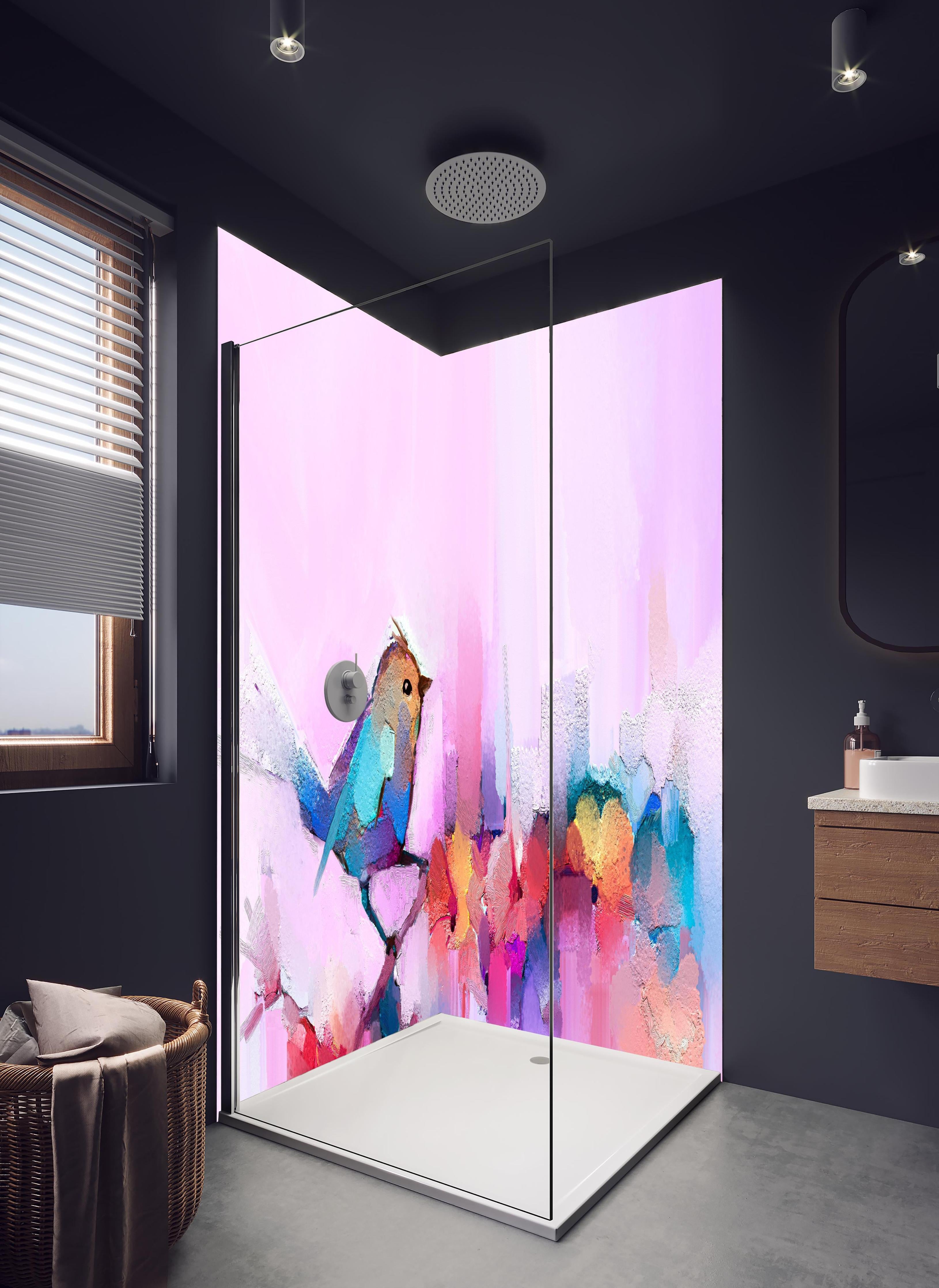 Duschrückwand - Abstrakte Öl - Malerei in hellem Badezimmer mit Regenduschkopf - zweiteilige Eck-Duschrückwand