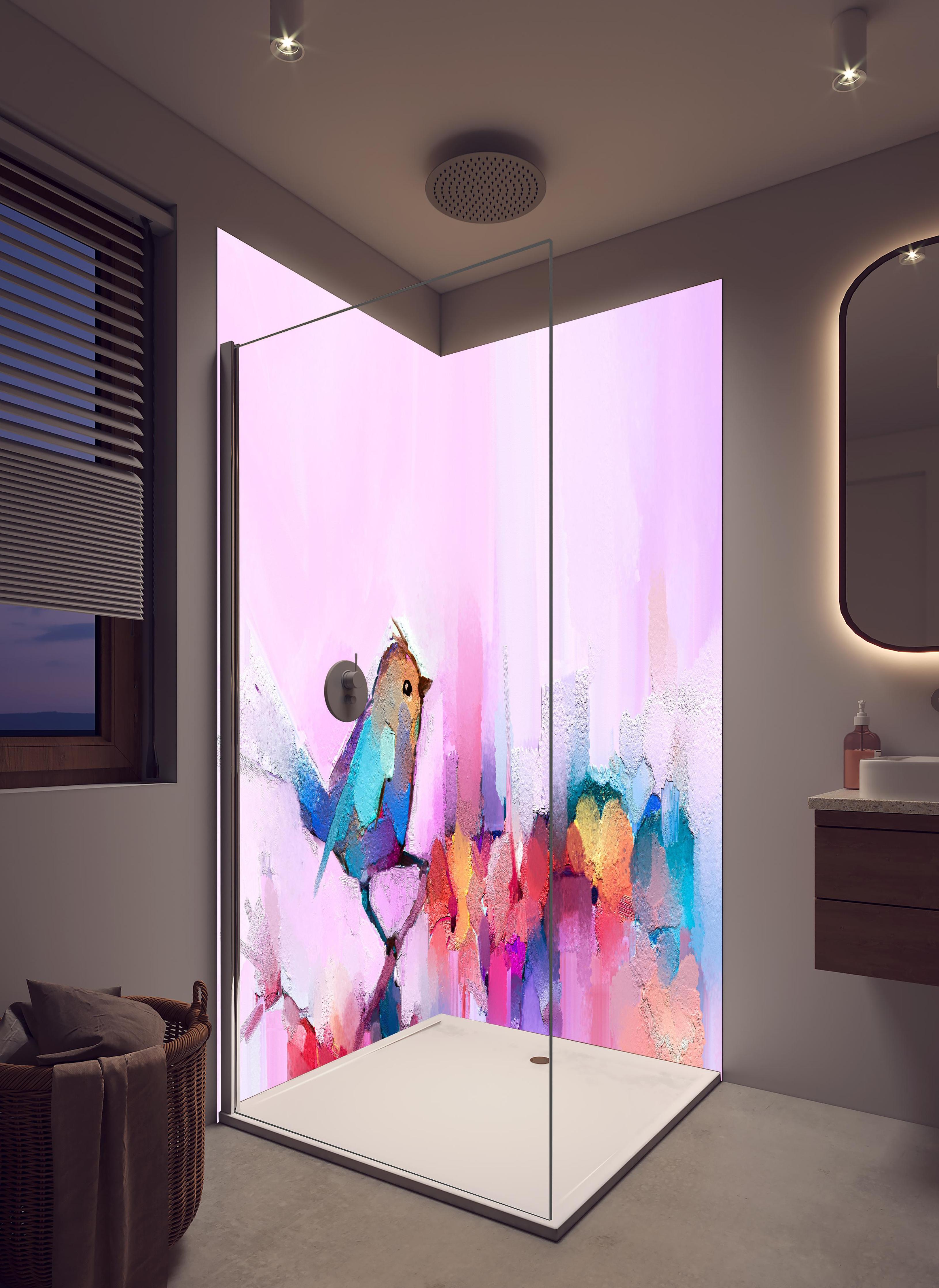 Duschrückwand - Abstrakte Öl - Malerei in hellem Badezimmer mit Regenduschkopf - zweiteilige Eck-Duschrückwand