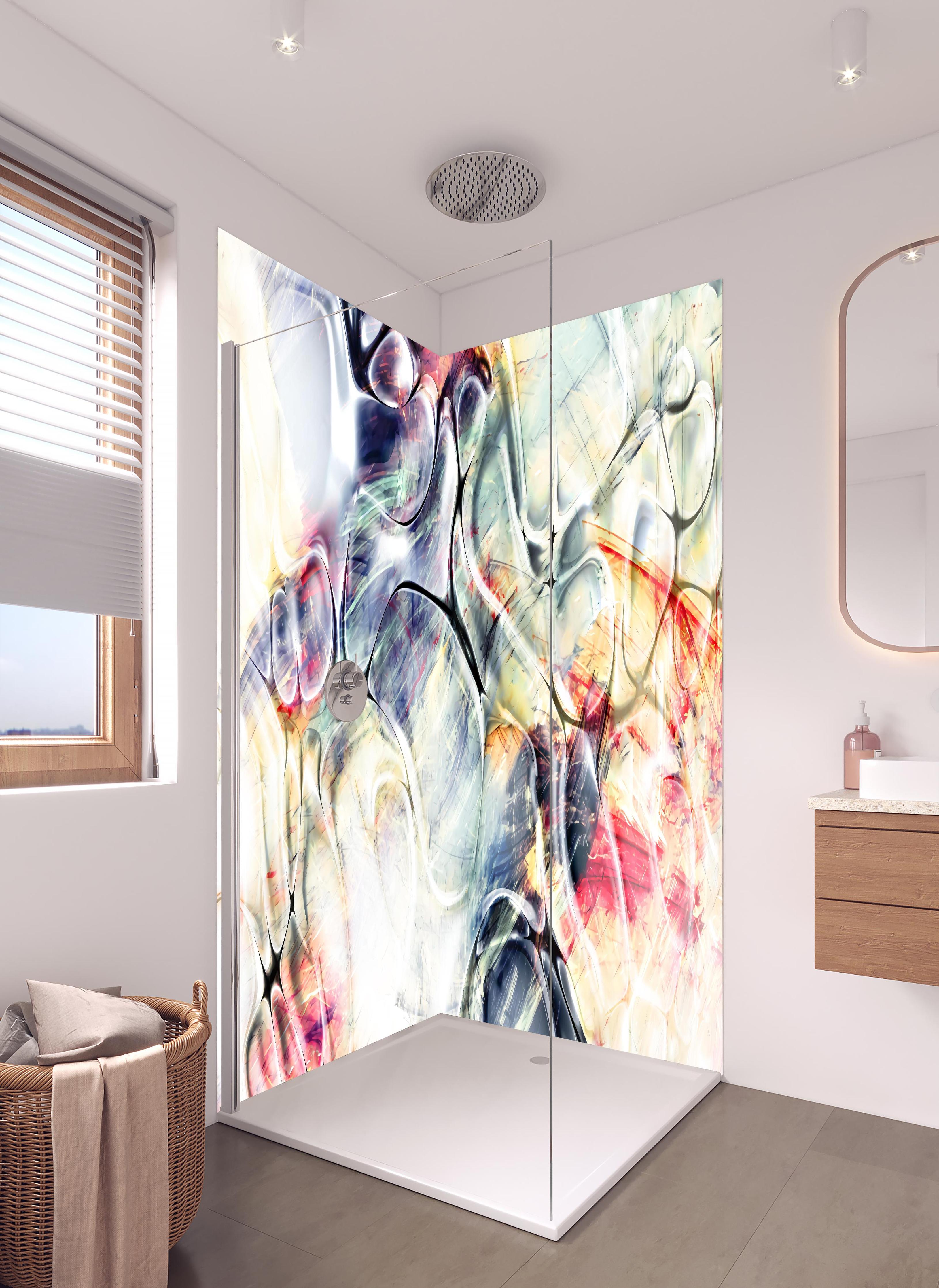 Duschrückwand - Abstrakte Pastell-Blumentextur mit Eleganz in hellem Badezimmer mit Regenduschkopf - zweiteilige Eck-Duschrückwand