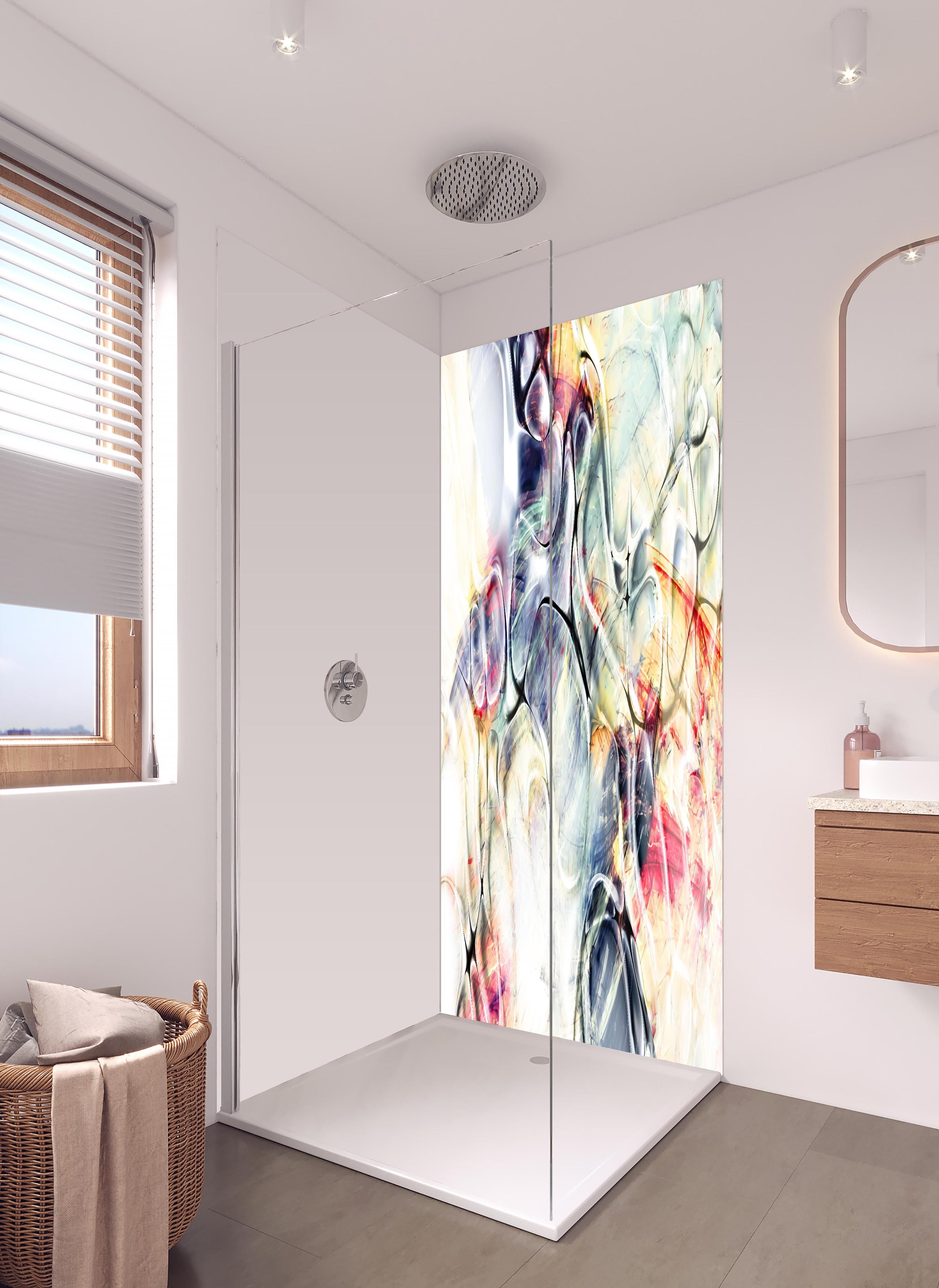 Duschrückwand - Abstrakte Pastell-Blumentextur mit Eleganz in hellem Badezimmer mit Regenduschkopf - zweiteilige Eck-Duschrückwand