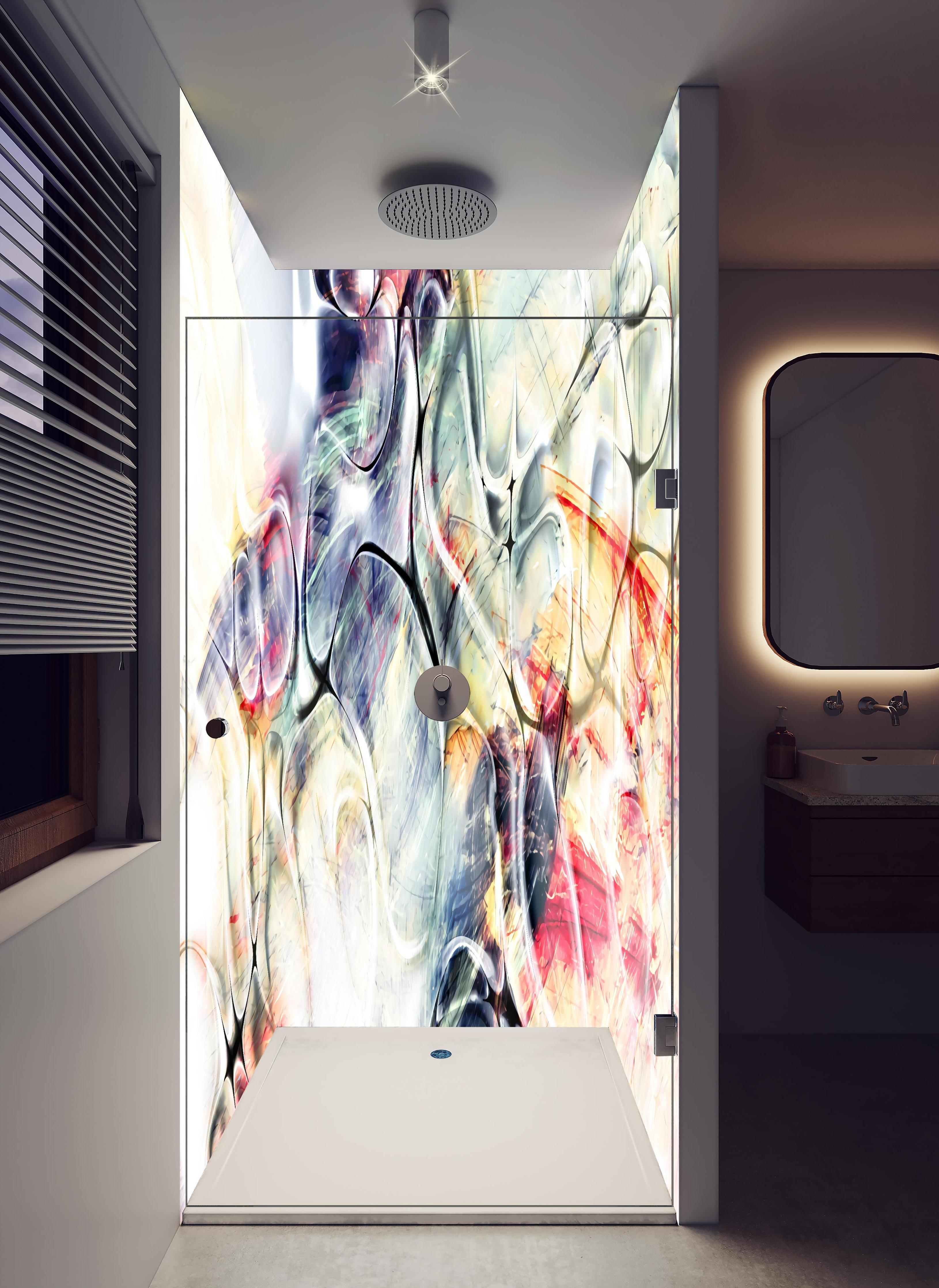 Duschrückwand - Abstrakte Pastell-Blumentextur mit Eleganz in hellem Badezimmer mit Regenduschkopf - zweiteilige Eck-Duschrückwand