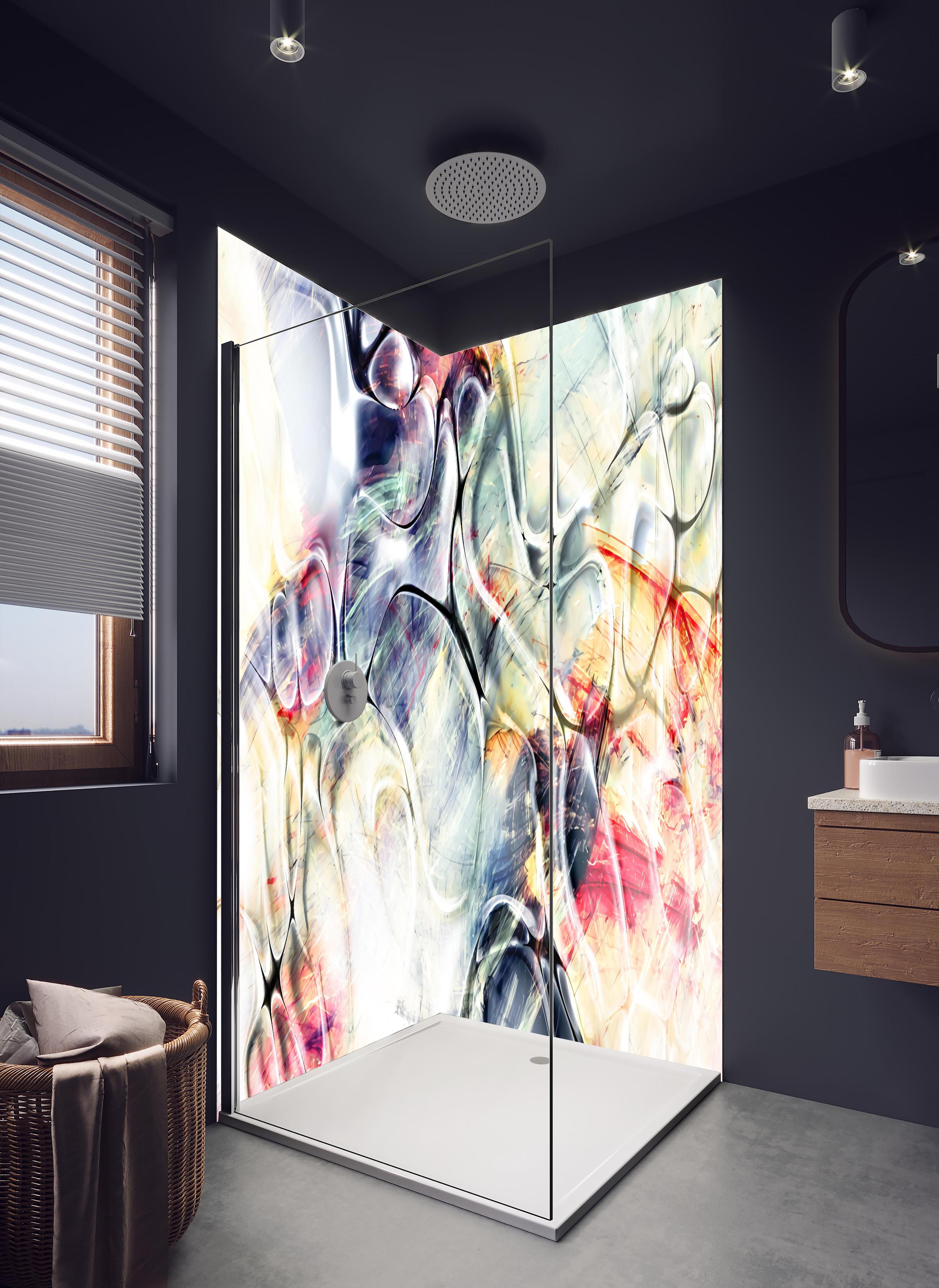 Duschrückwand - Abstrakte Pastell-Blumentextur mit Eleganz in hellem Badezimmer mit Regenduschkopf - zweiteilige Eck-Duschrückwand