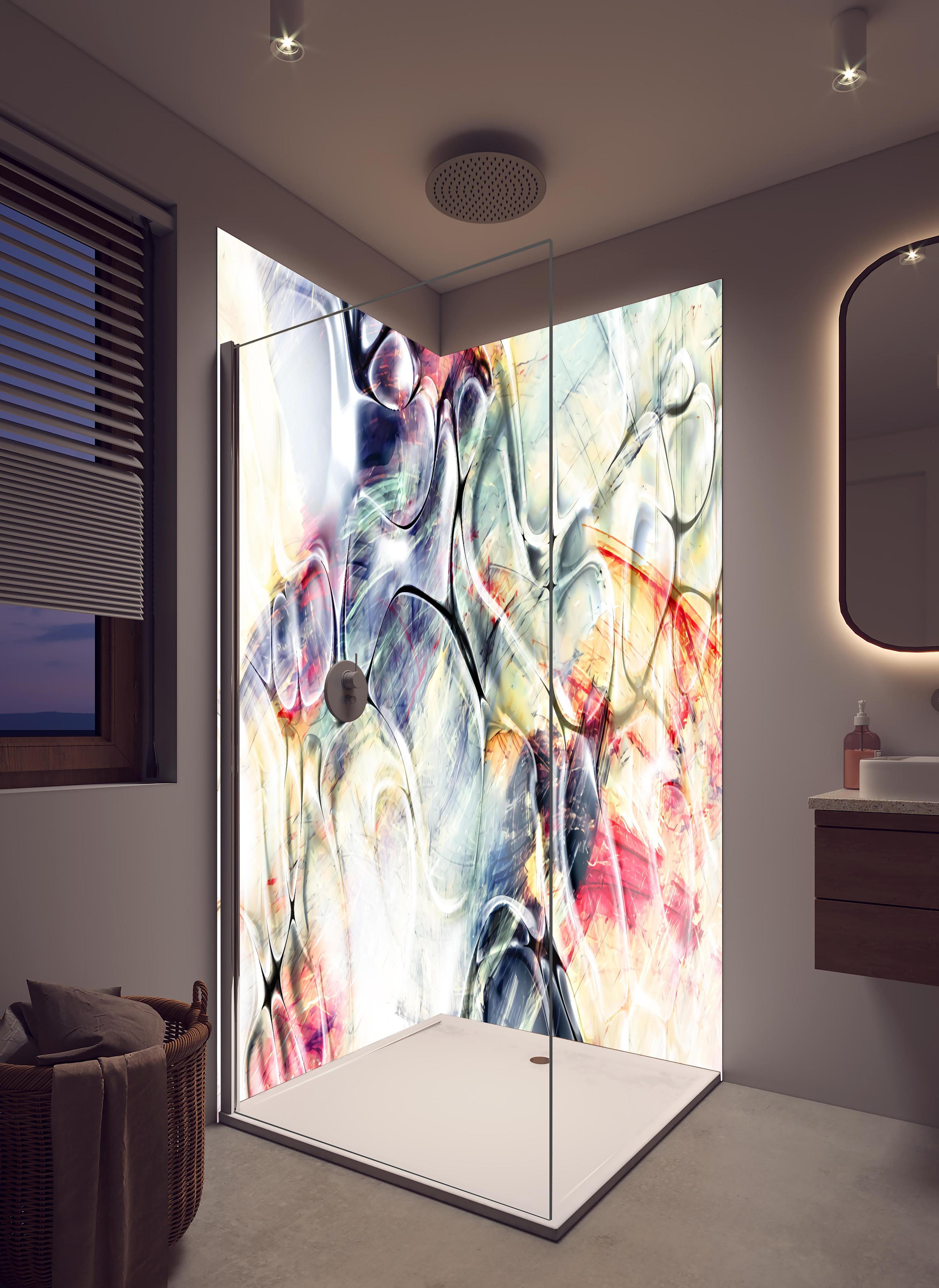 Duschrückwand - Abstrakte Pastell-Blumentextur mit Eleganz in hellem Badezimmer mit Regenduschkopf - zweiteilige Eck-Duschrückwand