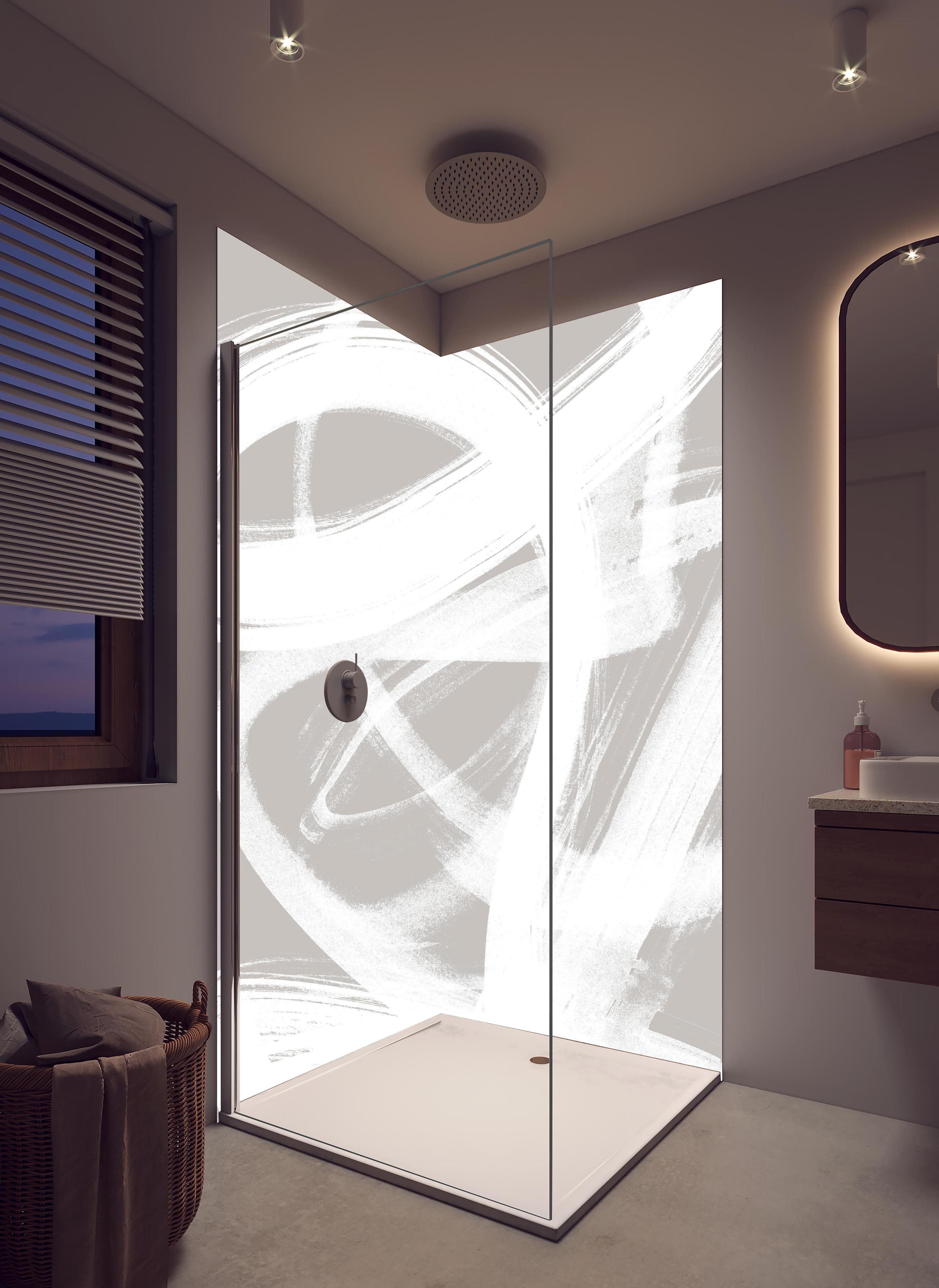 Duschrückwand - Abstrakte Pinselstriche in Grau und Weiß in hellem Badezimmer mit Regenduschkopf - zweiteilige Eck-Duschrückwand