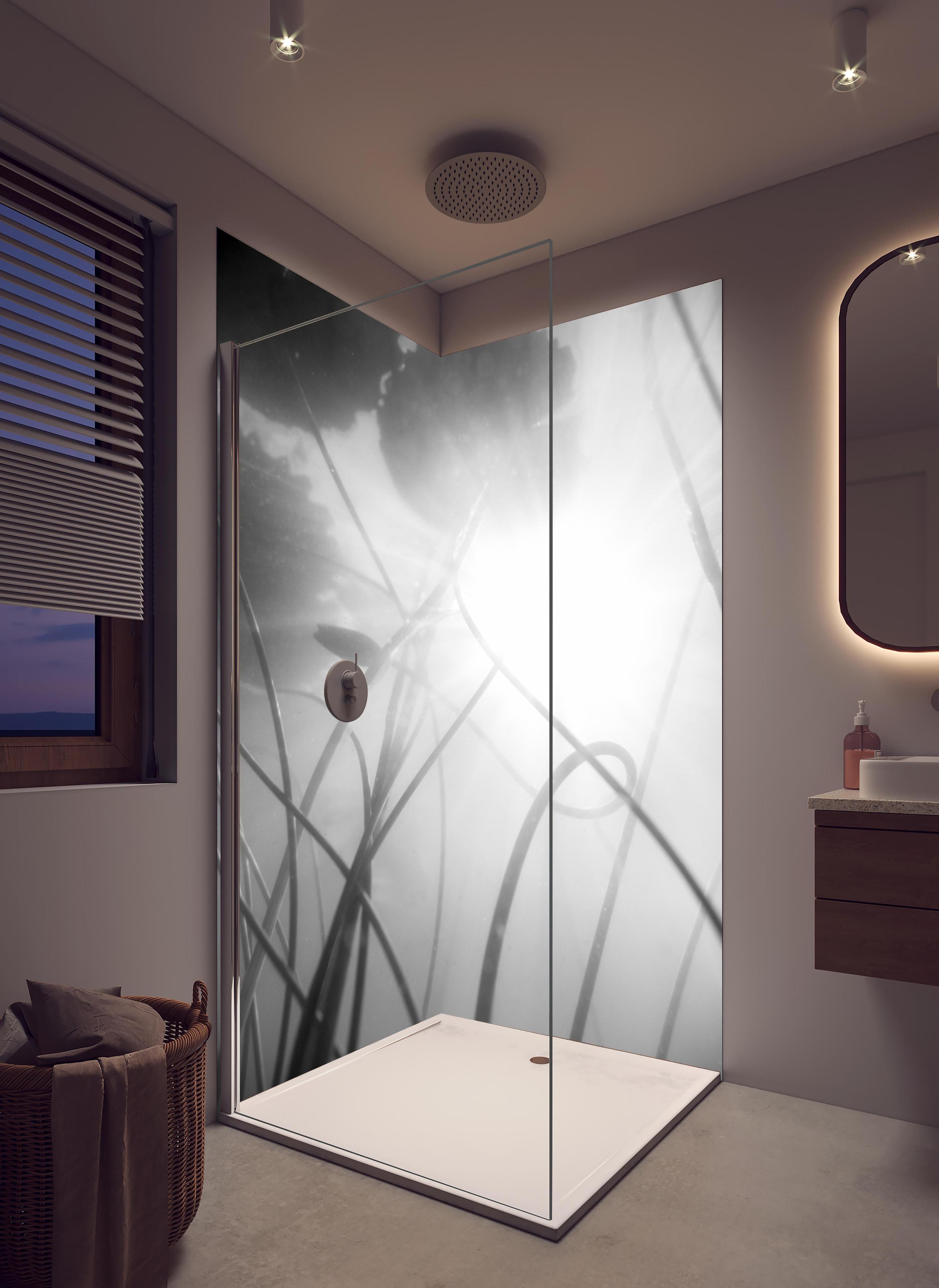 Duschrückwand - Abstrakte Seerose im Nebel Monochrom in hellem Badezimmer mit Regenduschkopf - zweiteilige Eck-Duschrückwand