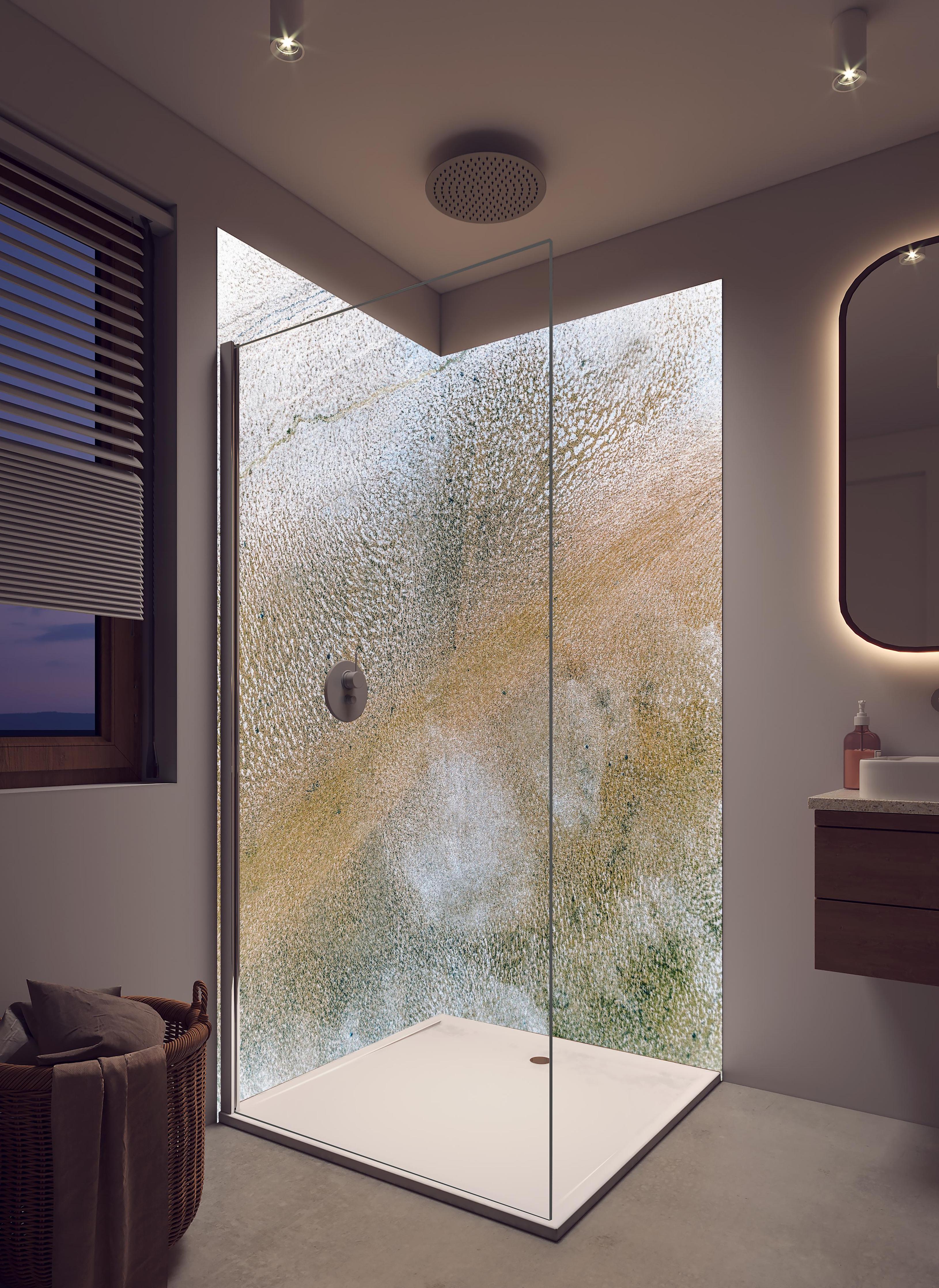 Duschrückwand - Abstrakte Textur in Erdtönen mit Graunuancen in hellem Badezimmer mit Regenduschkopf - zweiteilige Eck-Duschrückwand