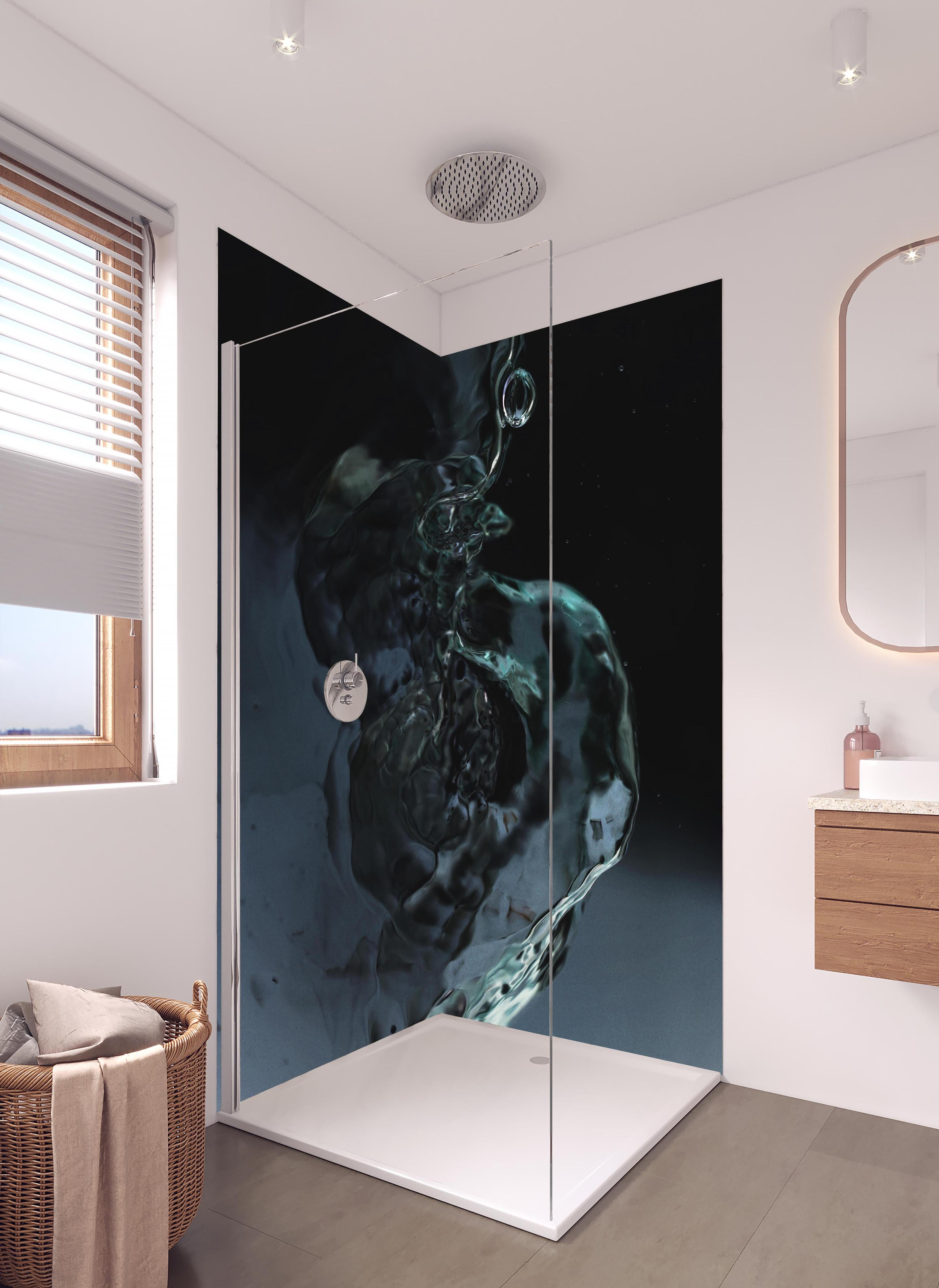 Duschrückwand - Abstrakte Wasserkunst auf Schwarz in hellem Badezimmer mit Regenduschkopf - zweiteilige Eck-Duschrückwand
