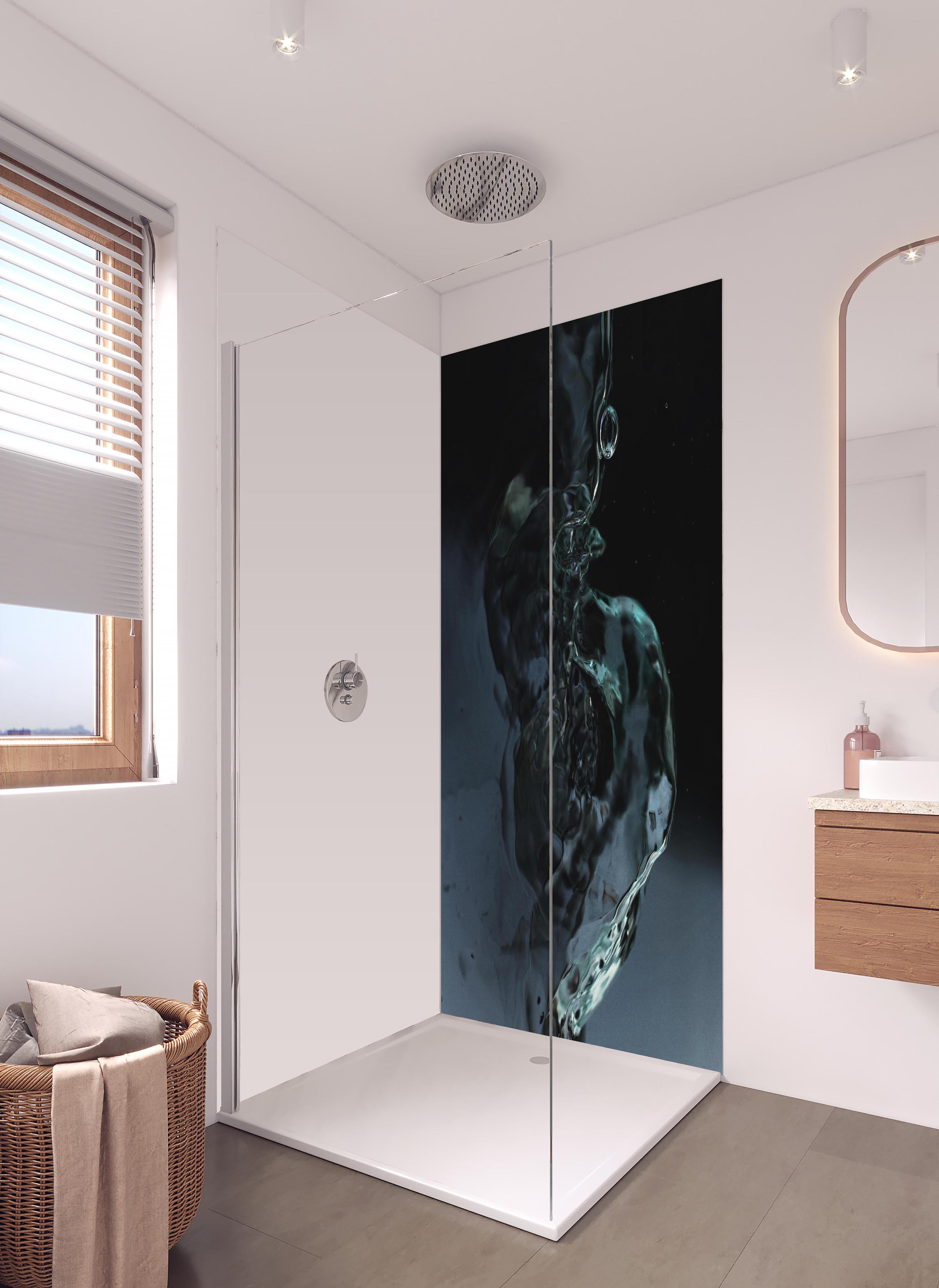 Duschrückwand - Abstrakte Wasserkunst auf Schwarz in hellem Badezimmer mit Regenduschkopf - zweiteilige Eck-Duschrückwand