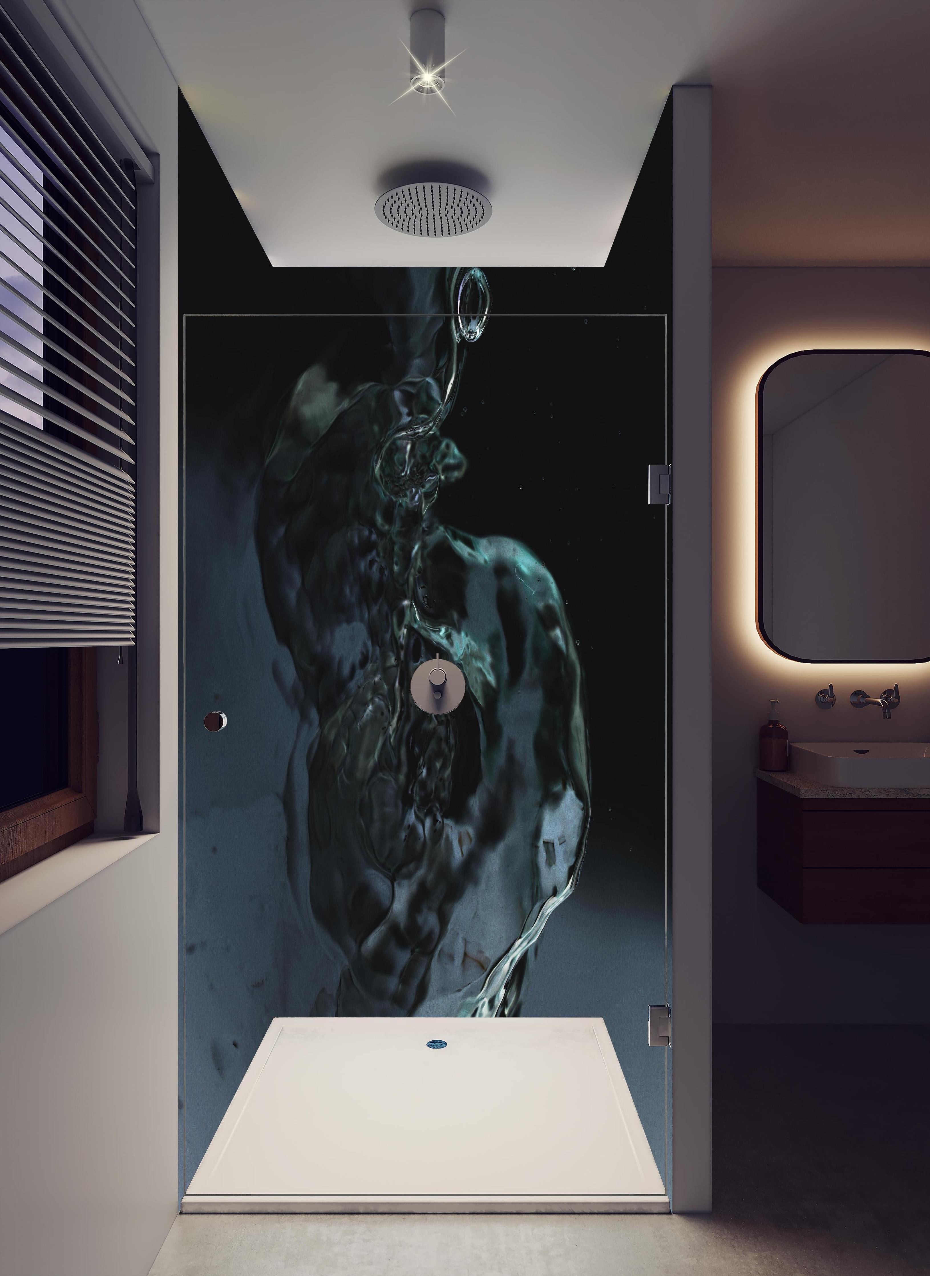 Duschrückwand - Abstrakte Wasserkunst auf Schwarz in hellem Badezimmer mit Regenduschkopf - zweiteilige Eck-Duschrückwand