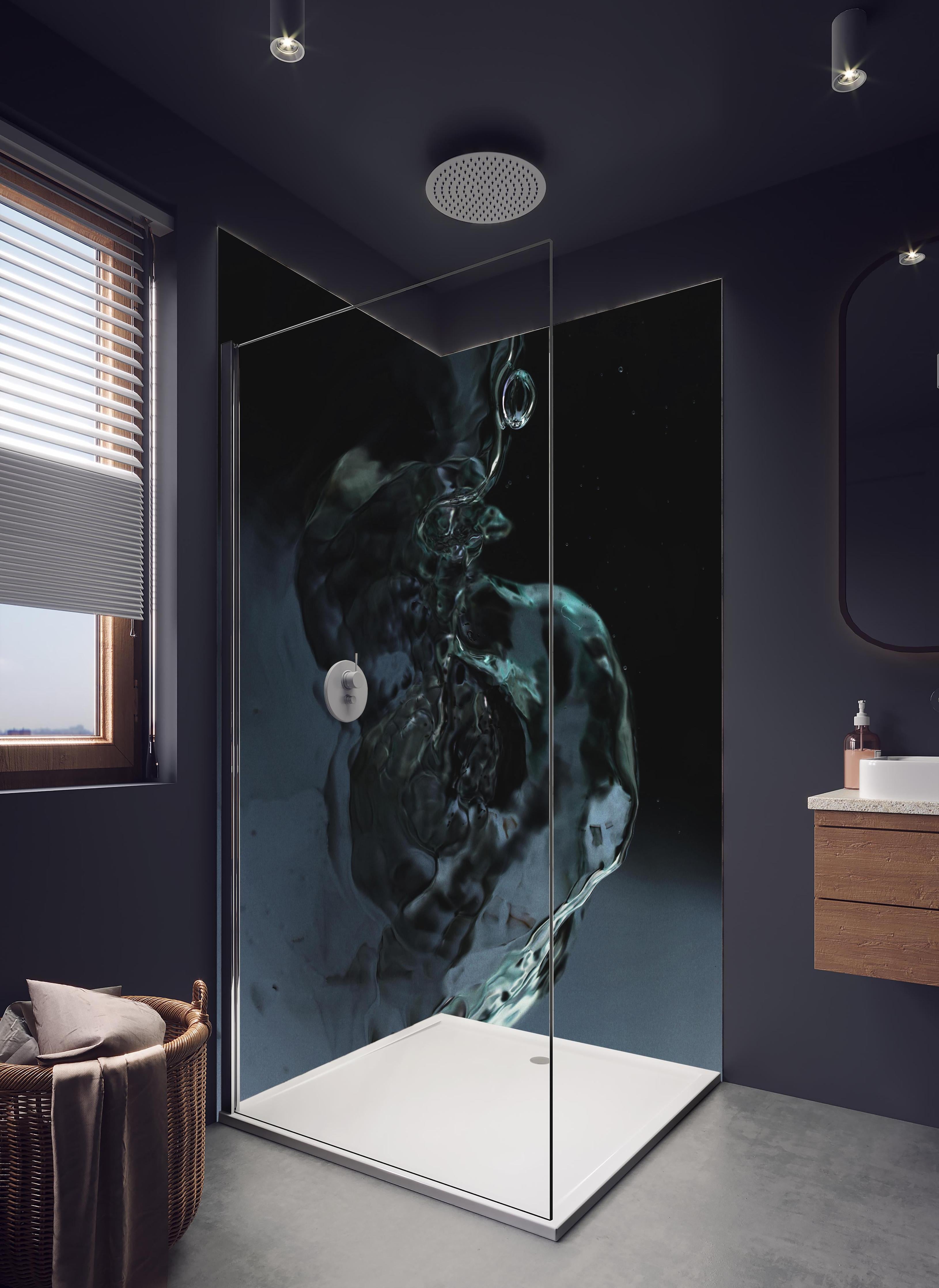 Duschrückwand - Abstrakte Wasserkunst auf Schwarz in hellem Badezimmer mit Regenduschkopf - zweiteilige Eck-Duschrückwand