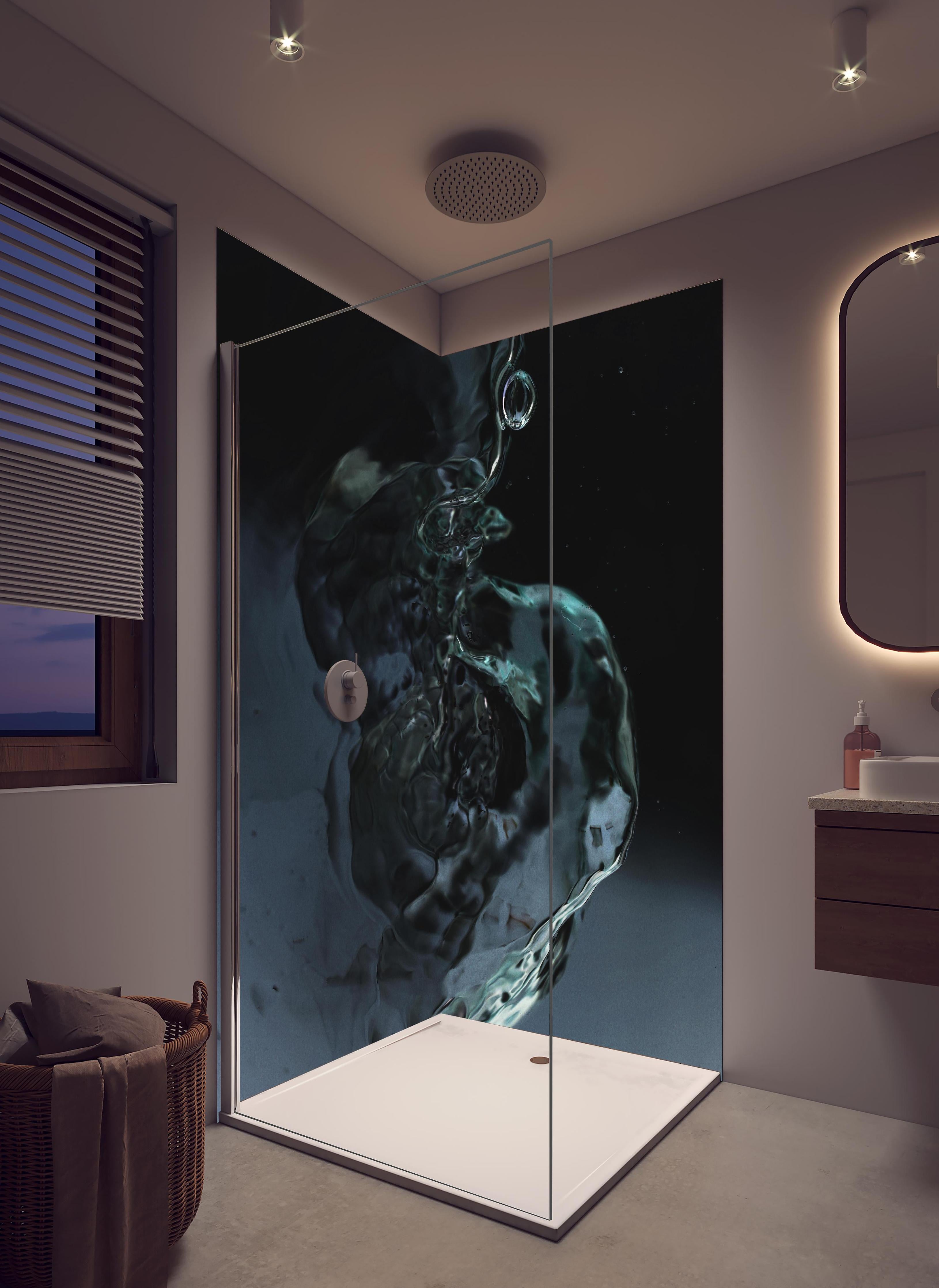 Duschrückwand - Abstrakte Wasserkunst auf Schwarz in hellem Badezimmer mit Regenduschkopf - zweiteilige Eck-Duschrückwand