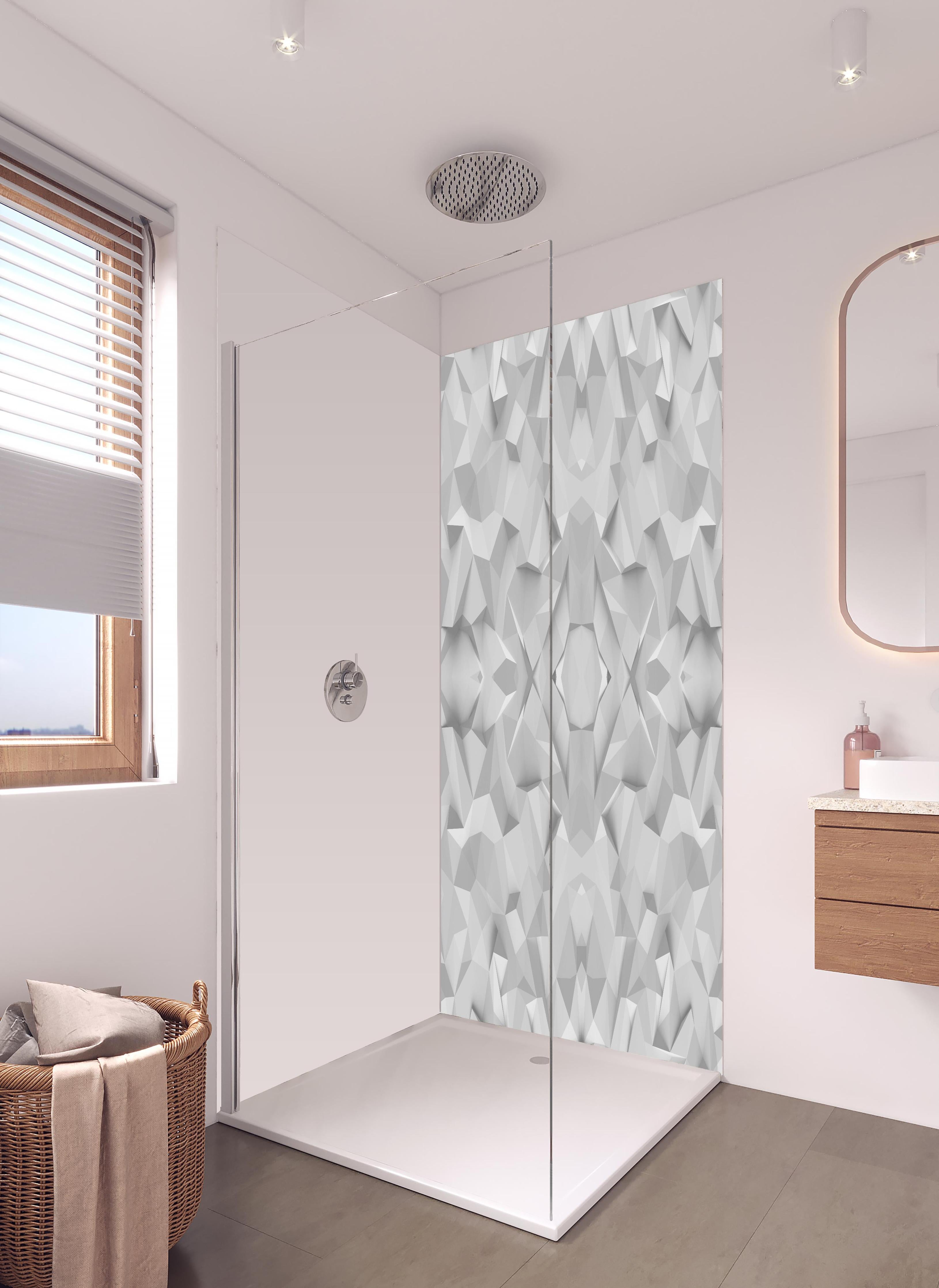 Duschrückwand - Abstrakte Weiß-Graue Geometrische Struktur in hellem Badezimmer mit Regenduschkopf - zweiteilige Eck-Duschrückwand