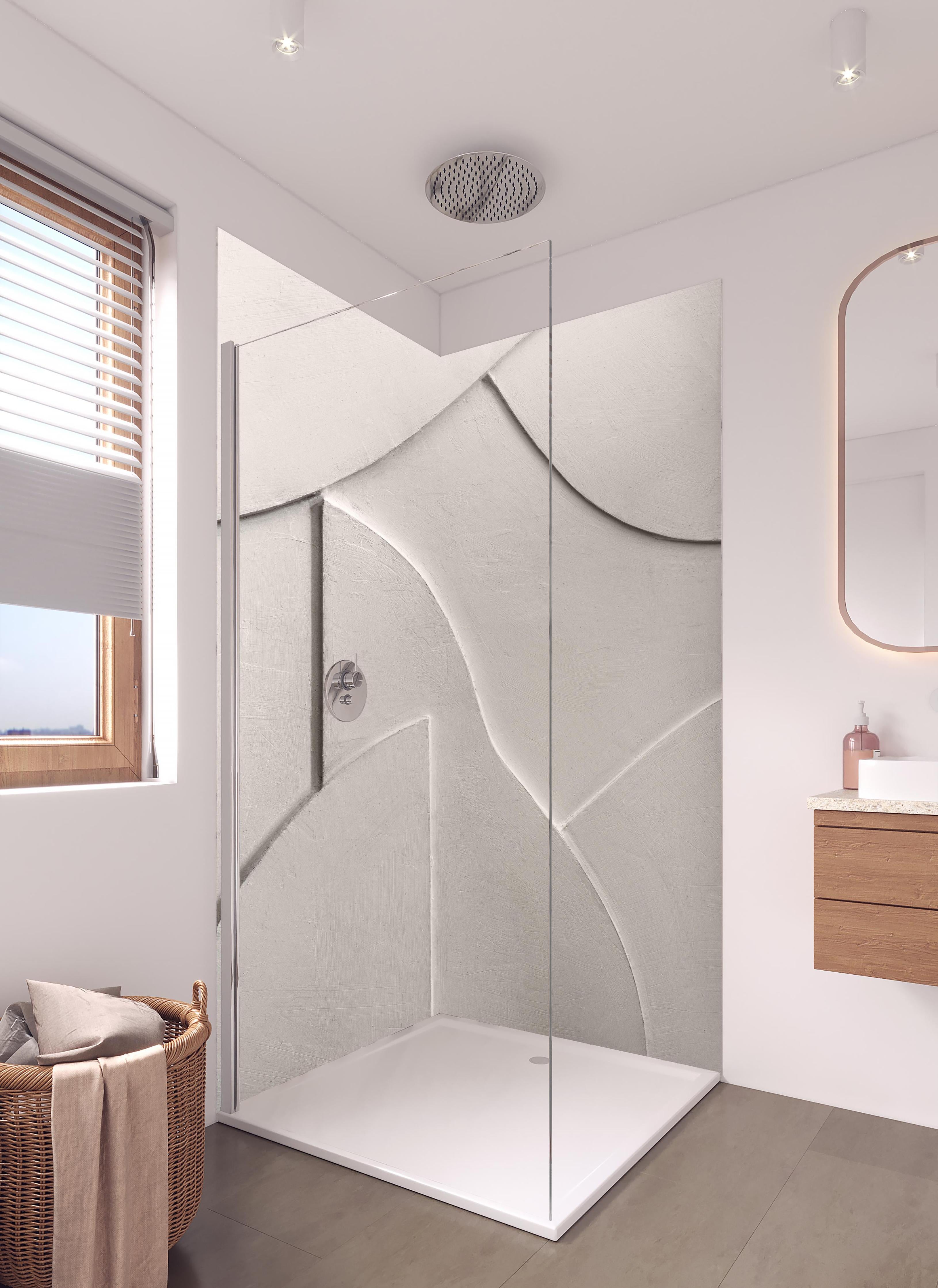 Duschrückwand - Abstrakte Weiß-Graue Papiercollage in hellem Badezimmer mit Regenduschkopf - zweiteilige Eck-Duschrückwand