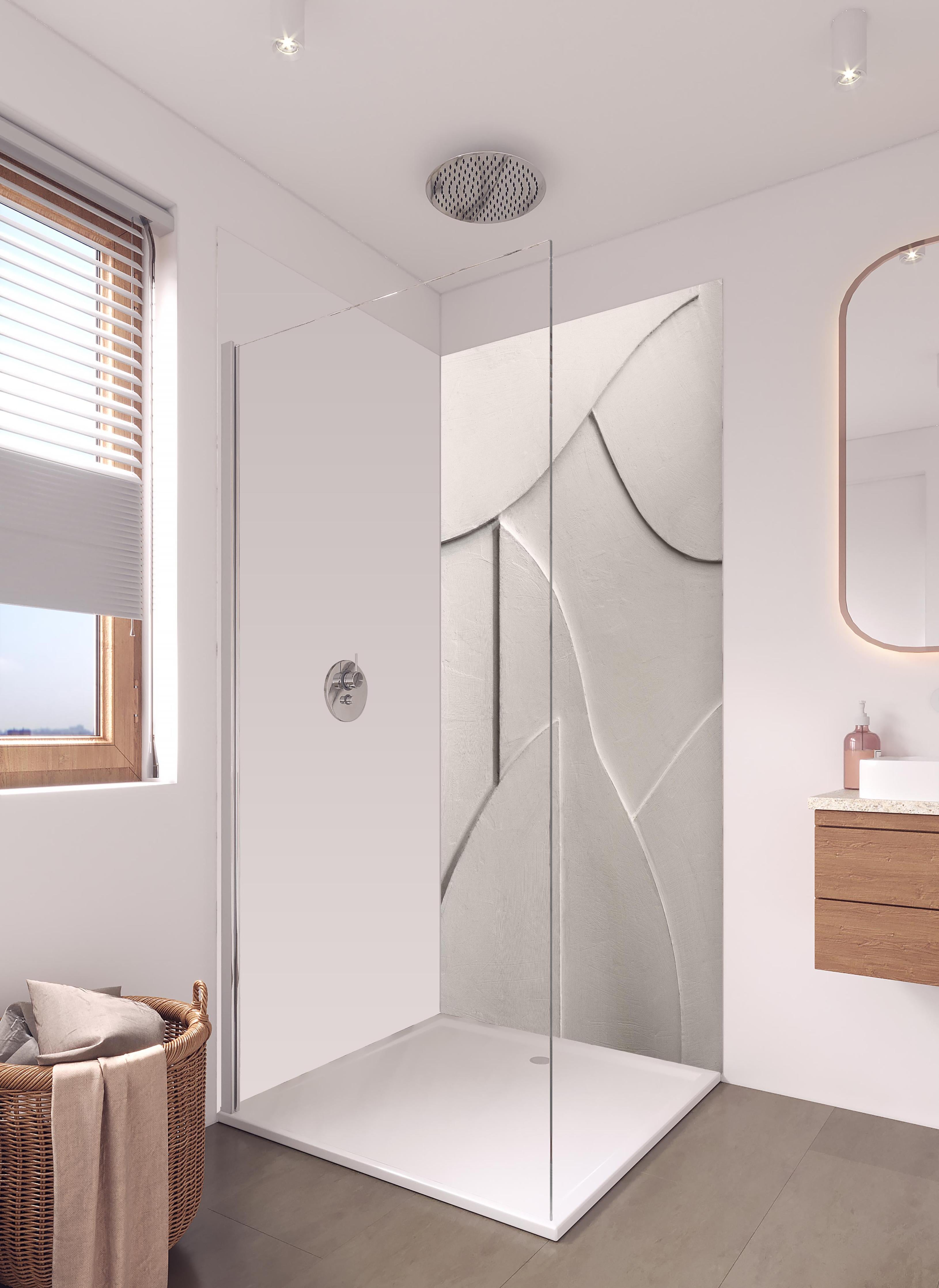 Duschrückwand - Abstrakte Weiß-Graue Papiercollage in hellem Badezimmer mit Regenduschkopf - zweiteilige Eck-Duschrückwand