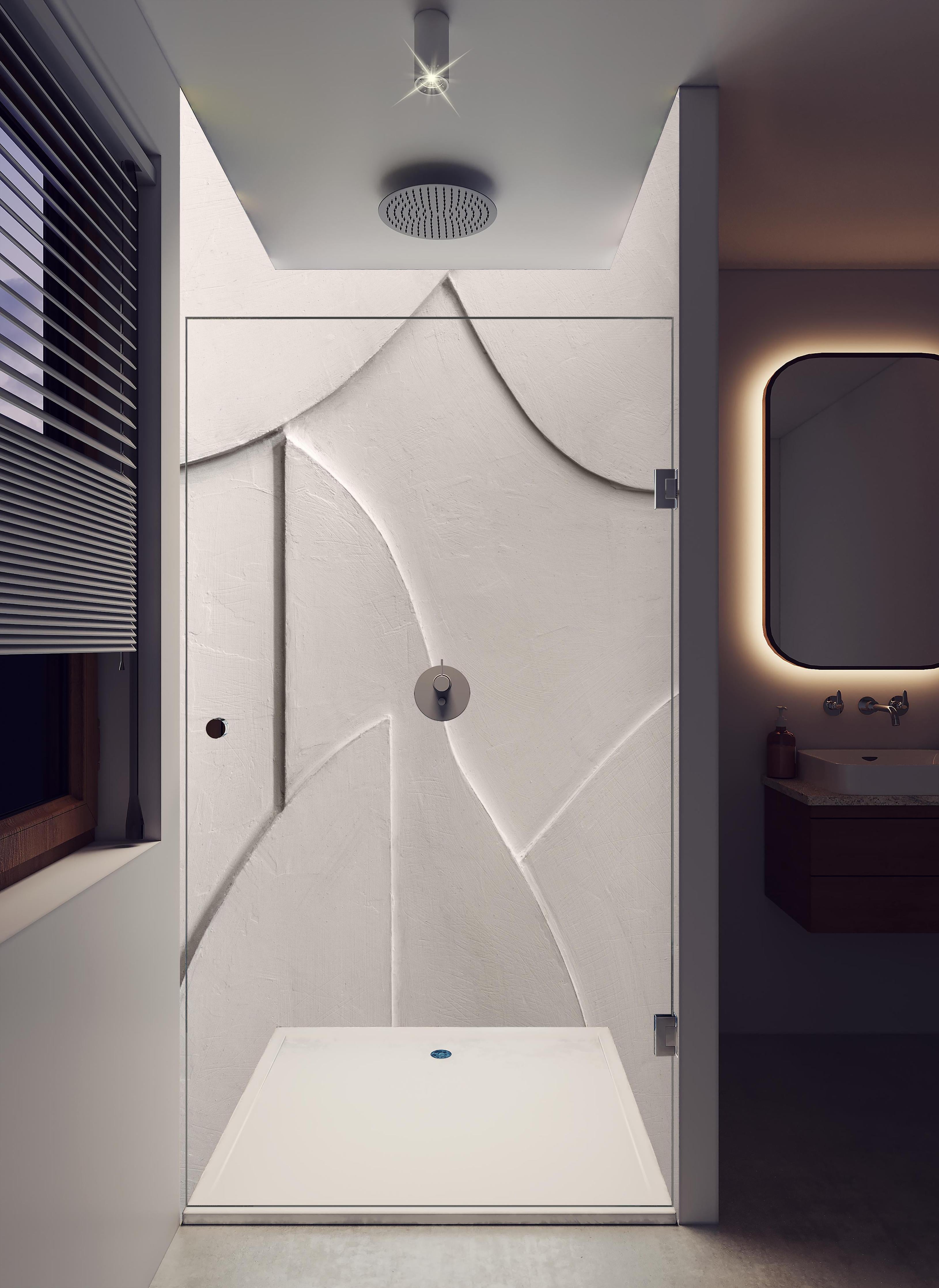 Duschrückwand - Abstrakte Weiß-Graue Papiercollage in hellem Badezimmer mit Regenduschkopf - zweiteilige Eck-Duschrückwand