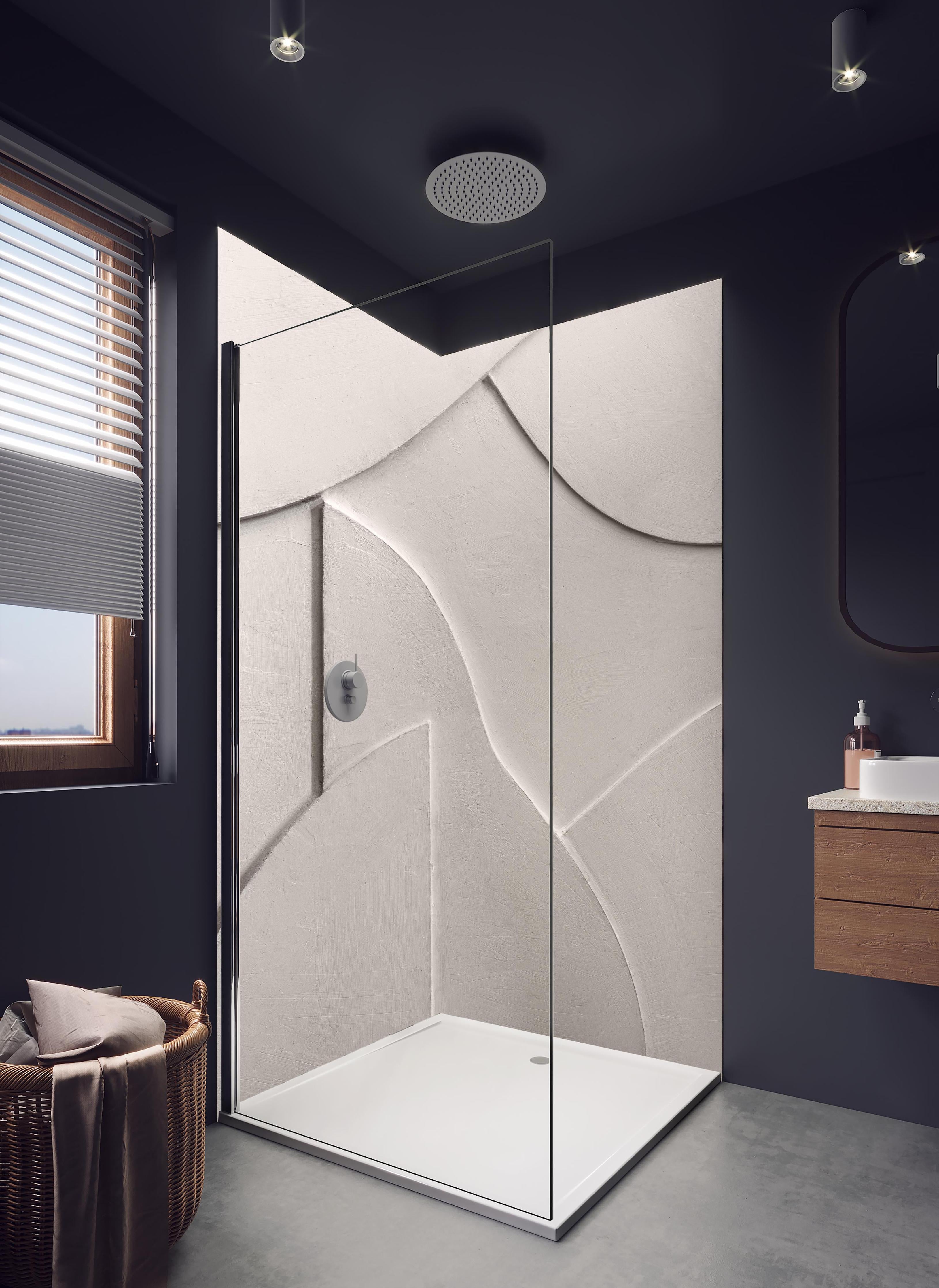 Duschrückwand - Abstrakte Weiß-Graue Papiercollage in hellem Badezimmer mit Regenduschkopf - zweiteilige Eck-Duschrückwand