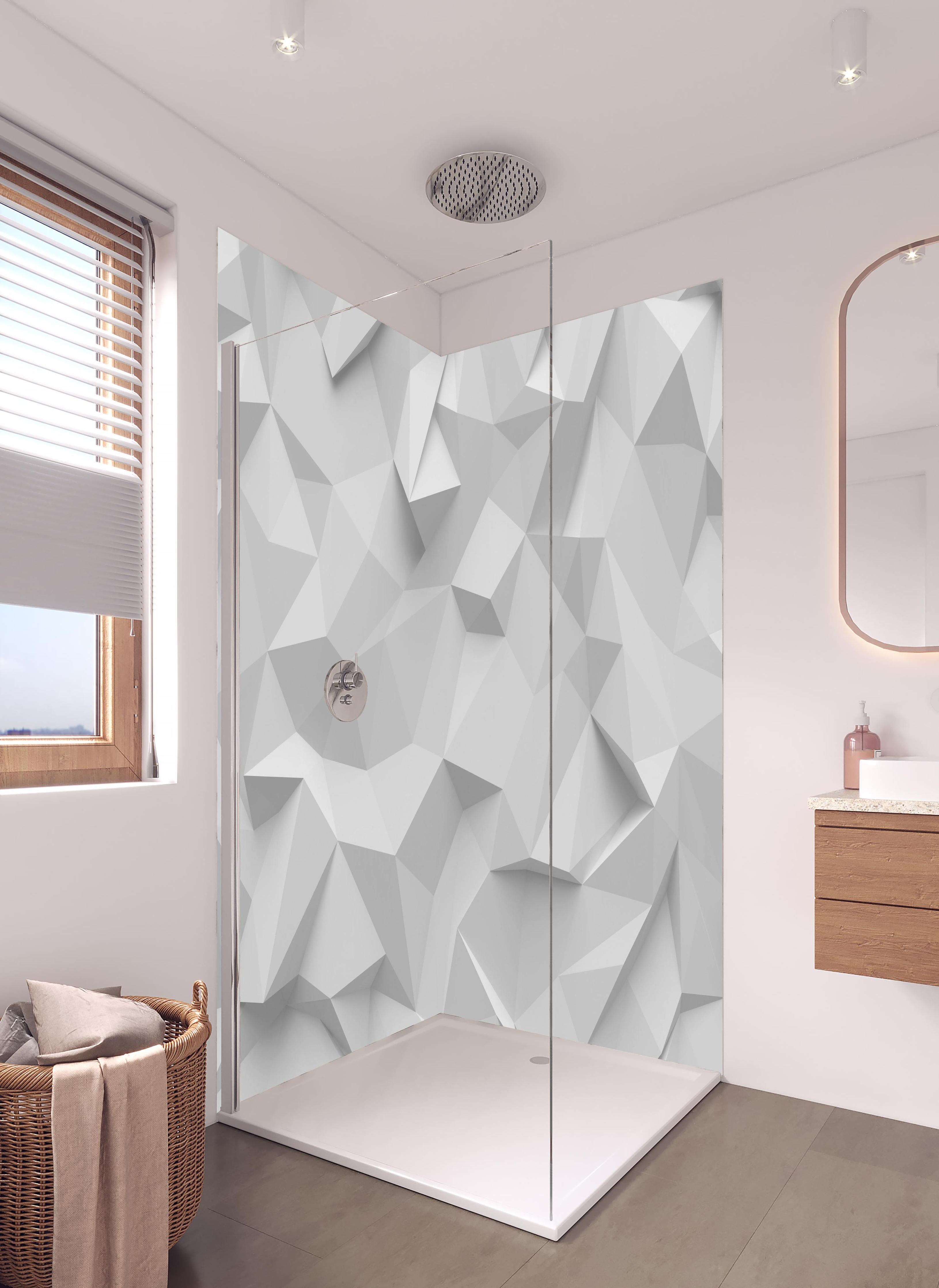 Duschrückwand - Abstrakte Weiße Polygon-Textur mit Grau in hellem Badezimmer mit Regenduschkopf - zweiteilige Eck-Duschrückwand