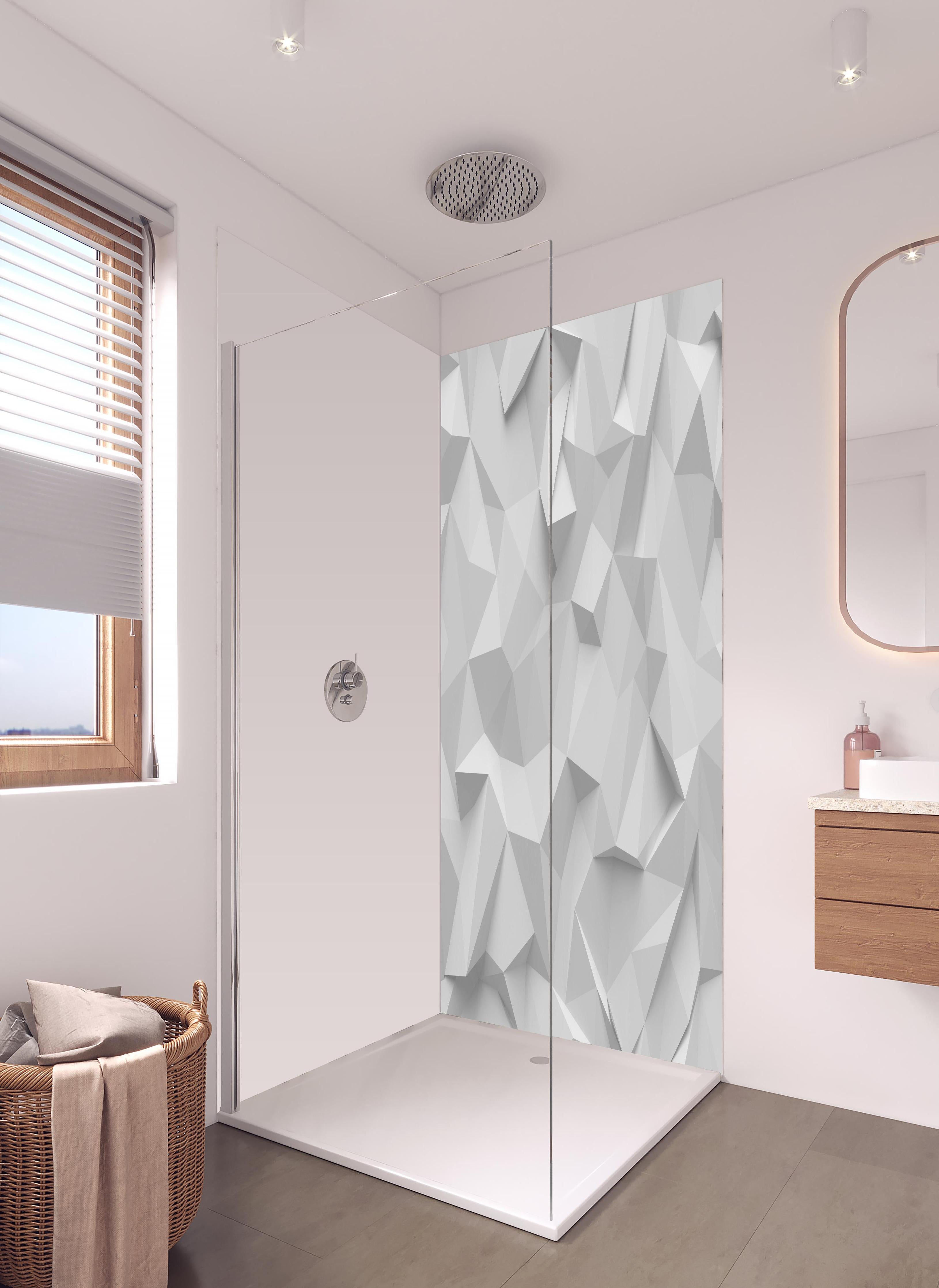 Duschrückwand - Abstrakte Weiße Polygon-Textur mit Grau in hellem Badezimmer mit Regenduschkopf - zweiteilige Eck-Duschrückwand
