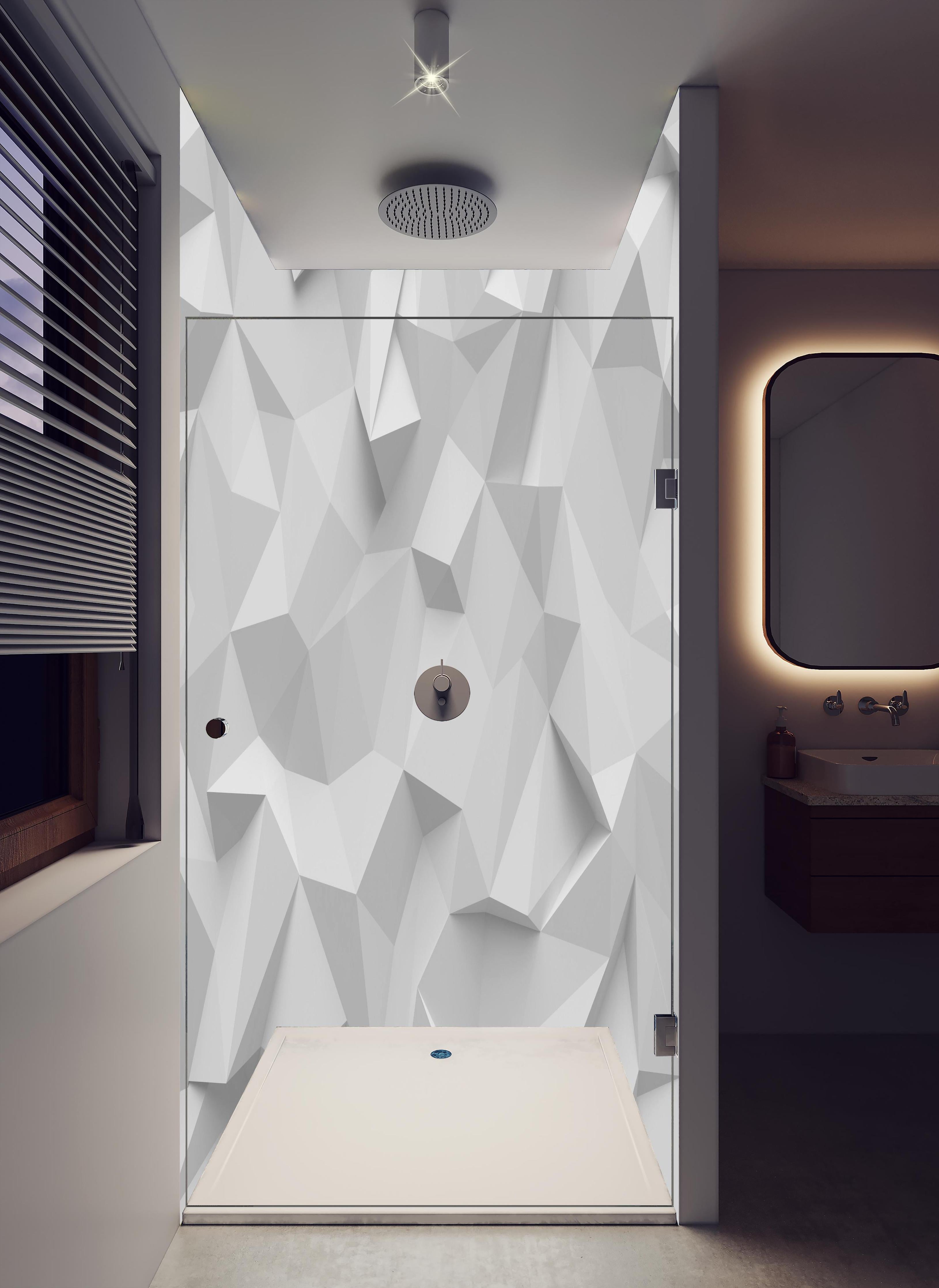 Duschrückwand - Abstrakte Weiße Polygon-Textur mit Grau in hellem Badezimmer mit Regenduschkopf - zweiteilige Eck-Duschrückwand